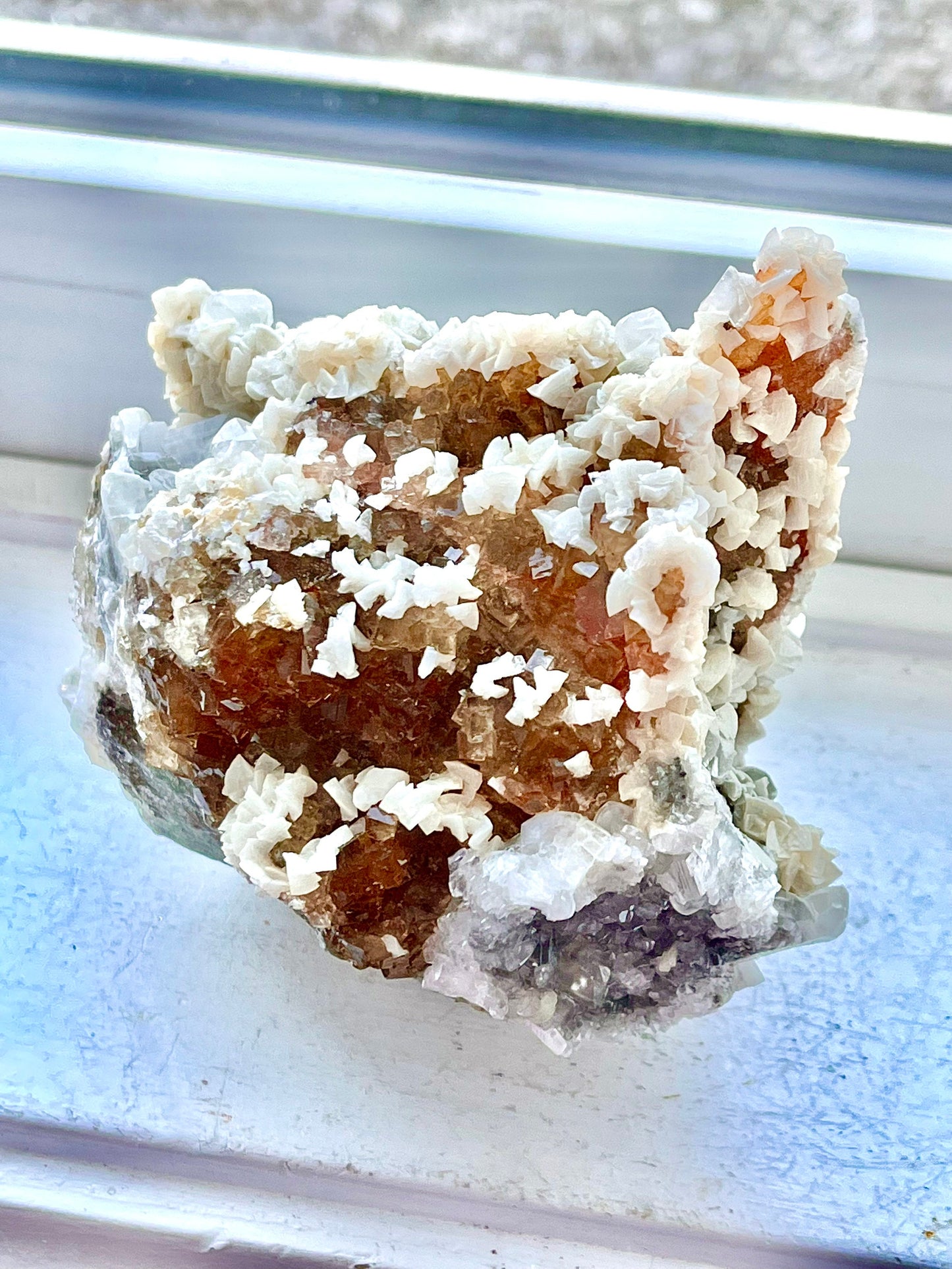 Fluorite with Dolomite and glittery Calcite