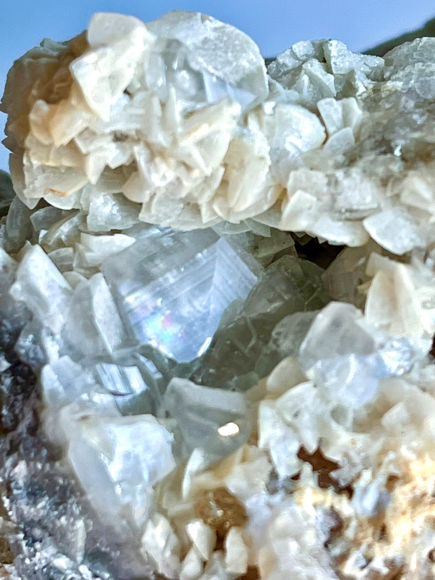 Fluorite with Dolomite and glittery Calcite