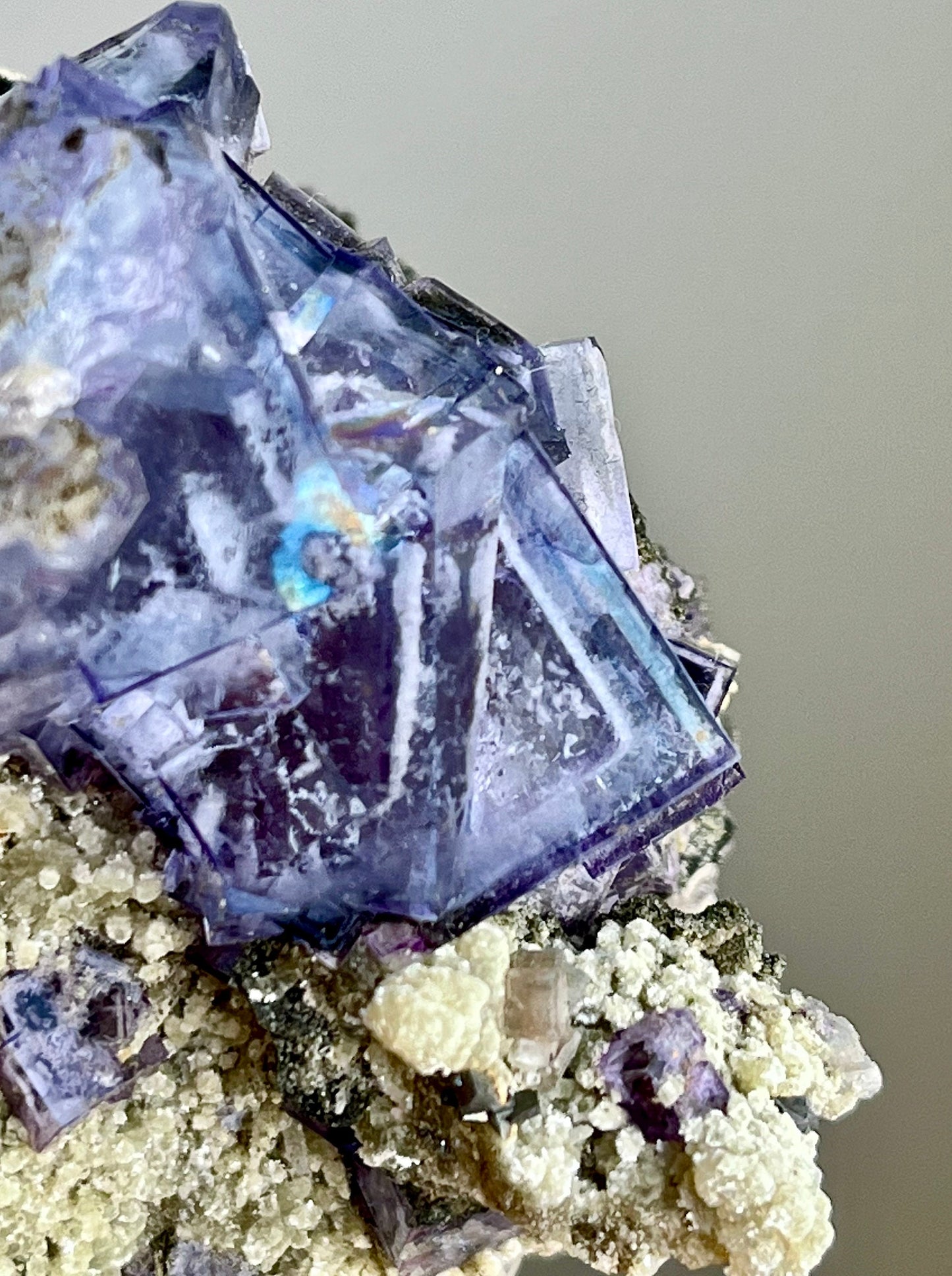 Phantom Fluorite with Mica, Chlorite, Rainbow Flash