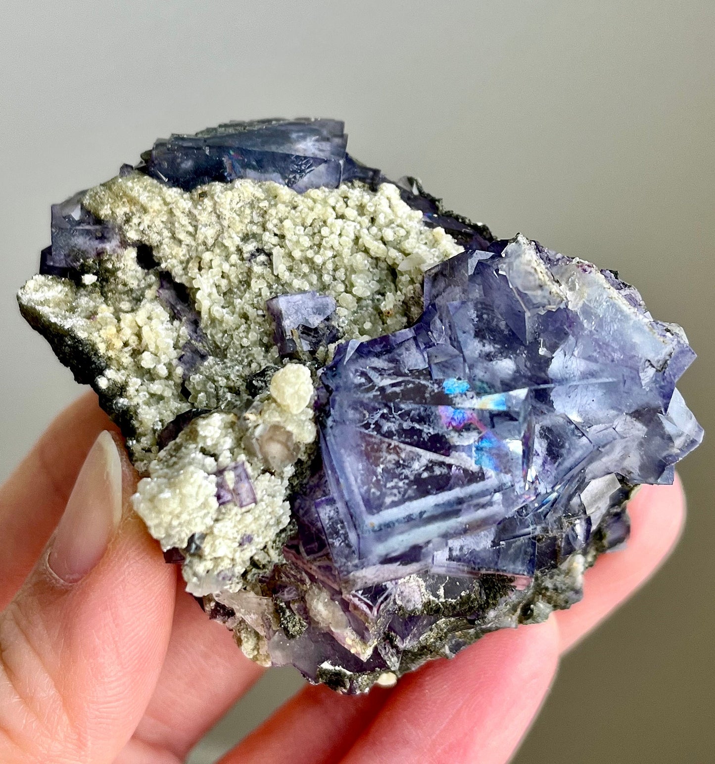 Phantom Fluorite with Mica, Chlorite, Rainbow Flash