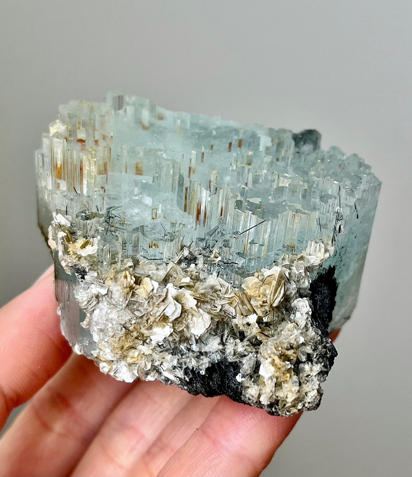 Aquamarine with Tourmaline & Iron Inclusions, Micas, Rainbows