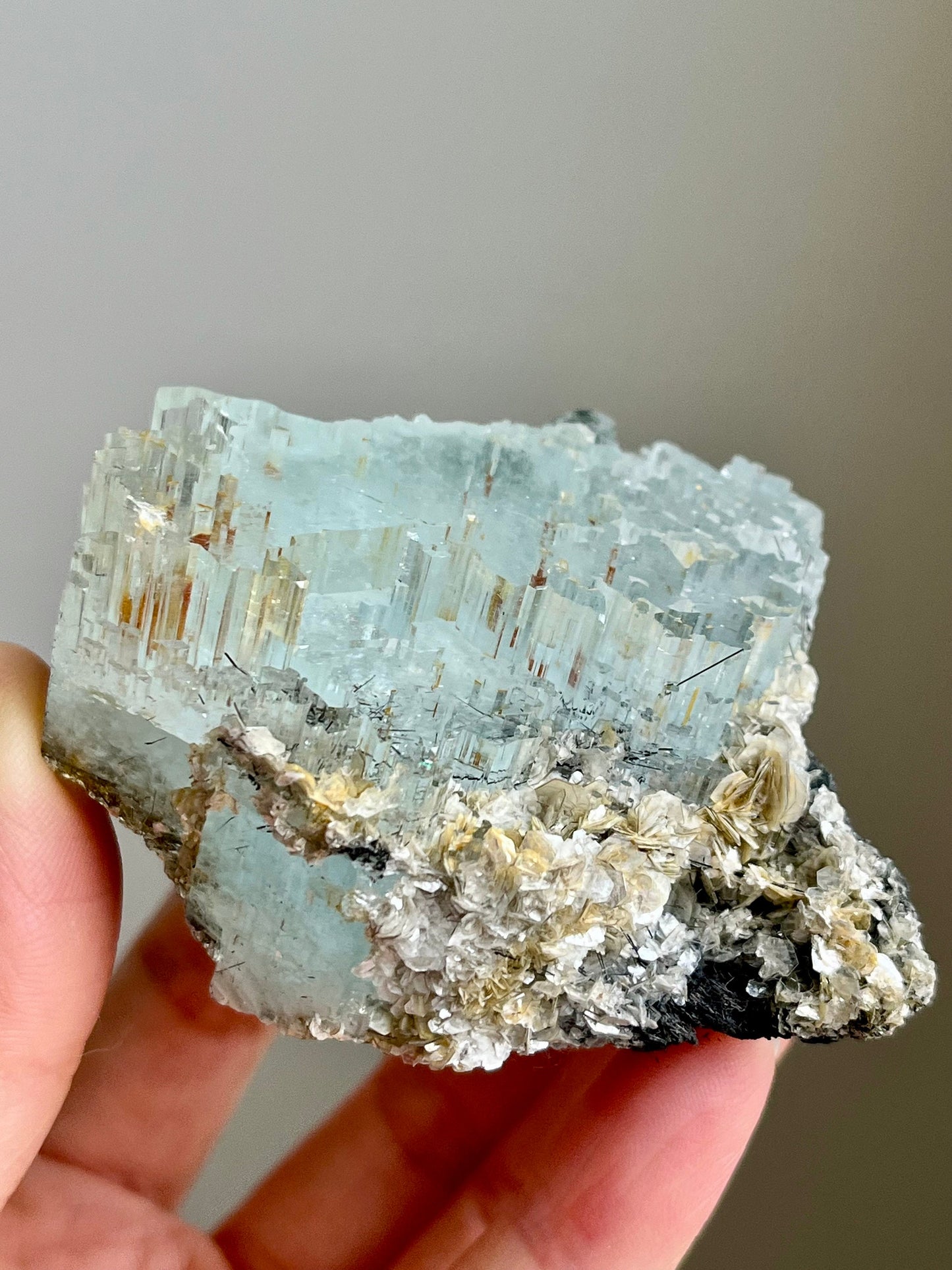 Aquamarine with Tourmaline & Iron Inclusions, Micas, Rainbows