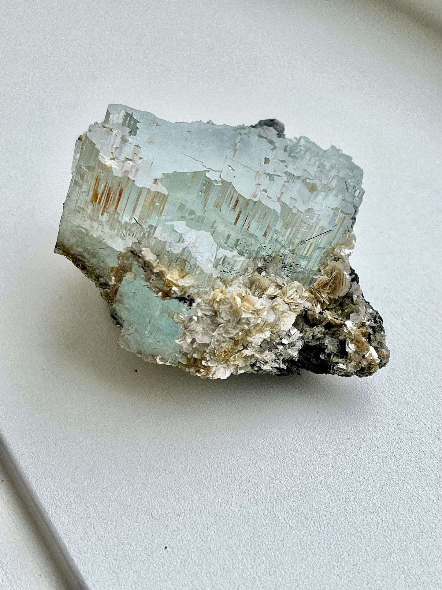 Aquamarine with Tourmaline & Iron Inclusions, Micas, Rainbows