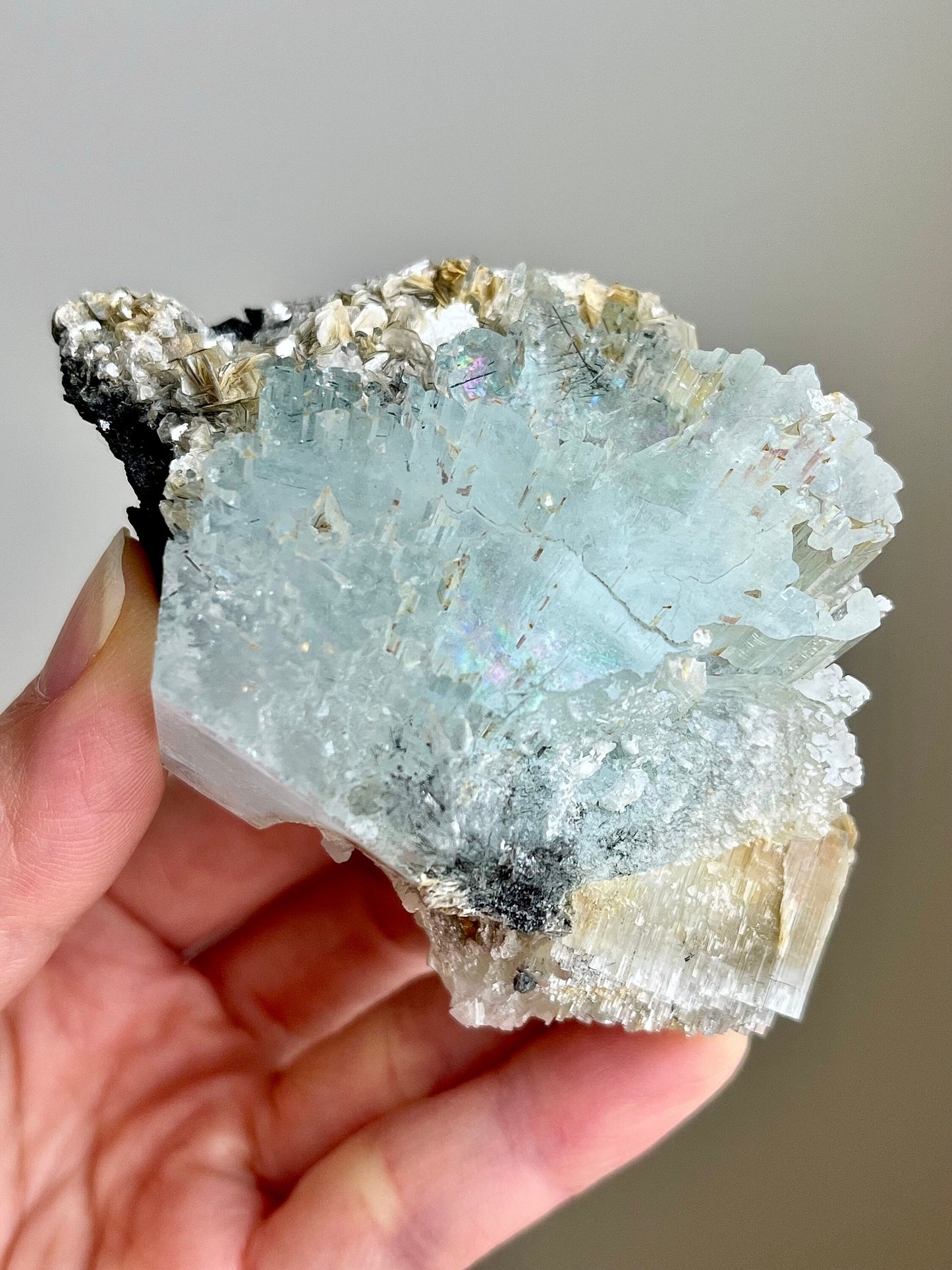 Aquamarine with Tourmaline & Iron Inclusions, Micas, Rainbows