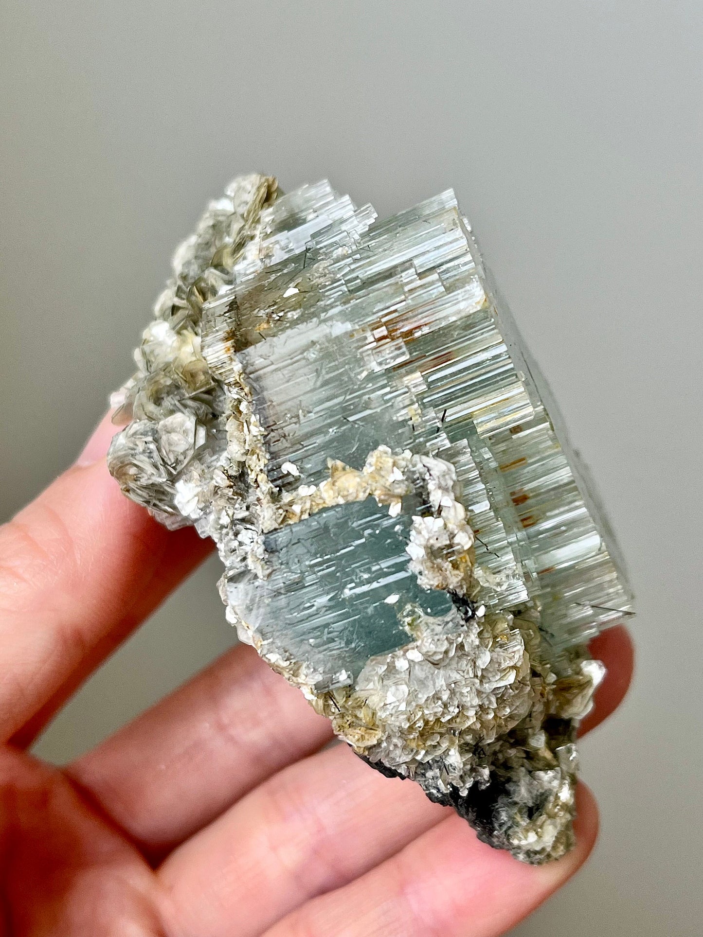Aquamarine with Tourmaline & Iron Inclusions, Micas, Rainbows