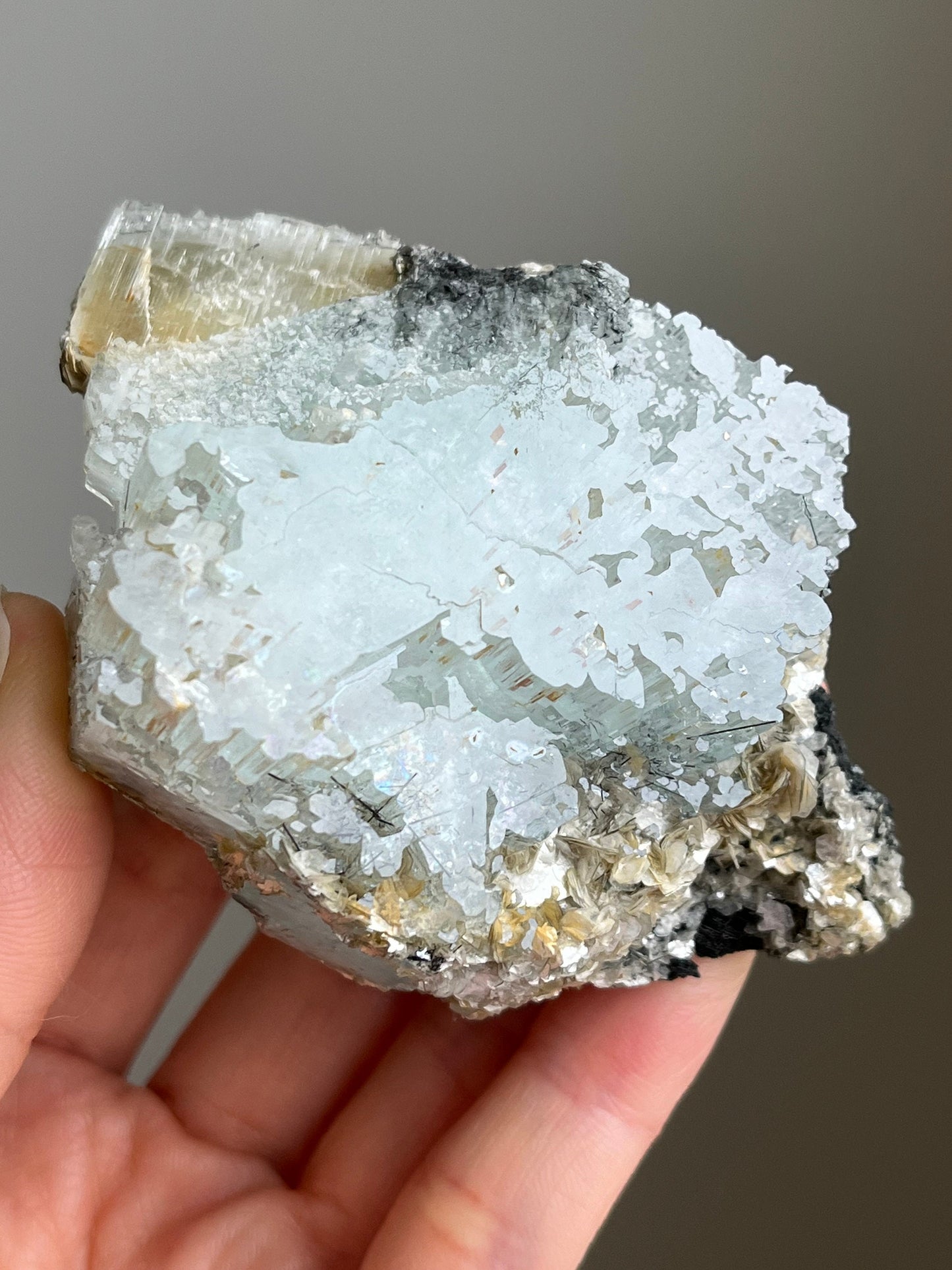 Aquamarine with Tourmaline & Iron Inclusions, Micas, Rainbows