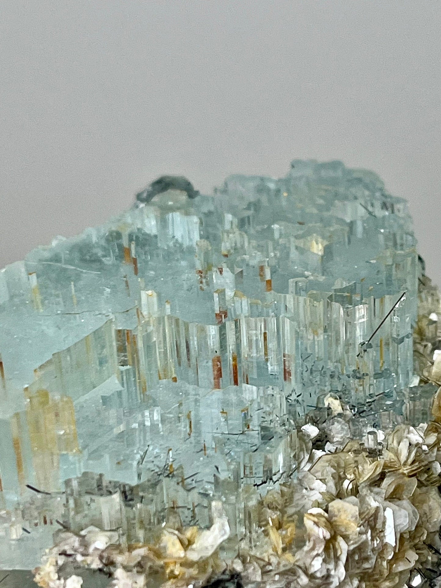 Aquamarine with Tourmaline & Iron Inclusions, Micas, Rainbows