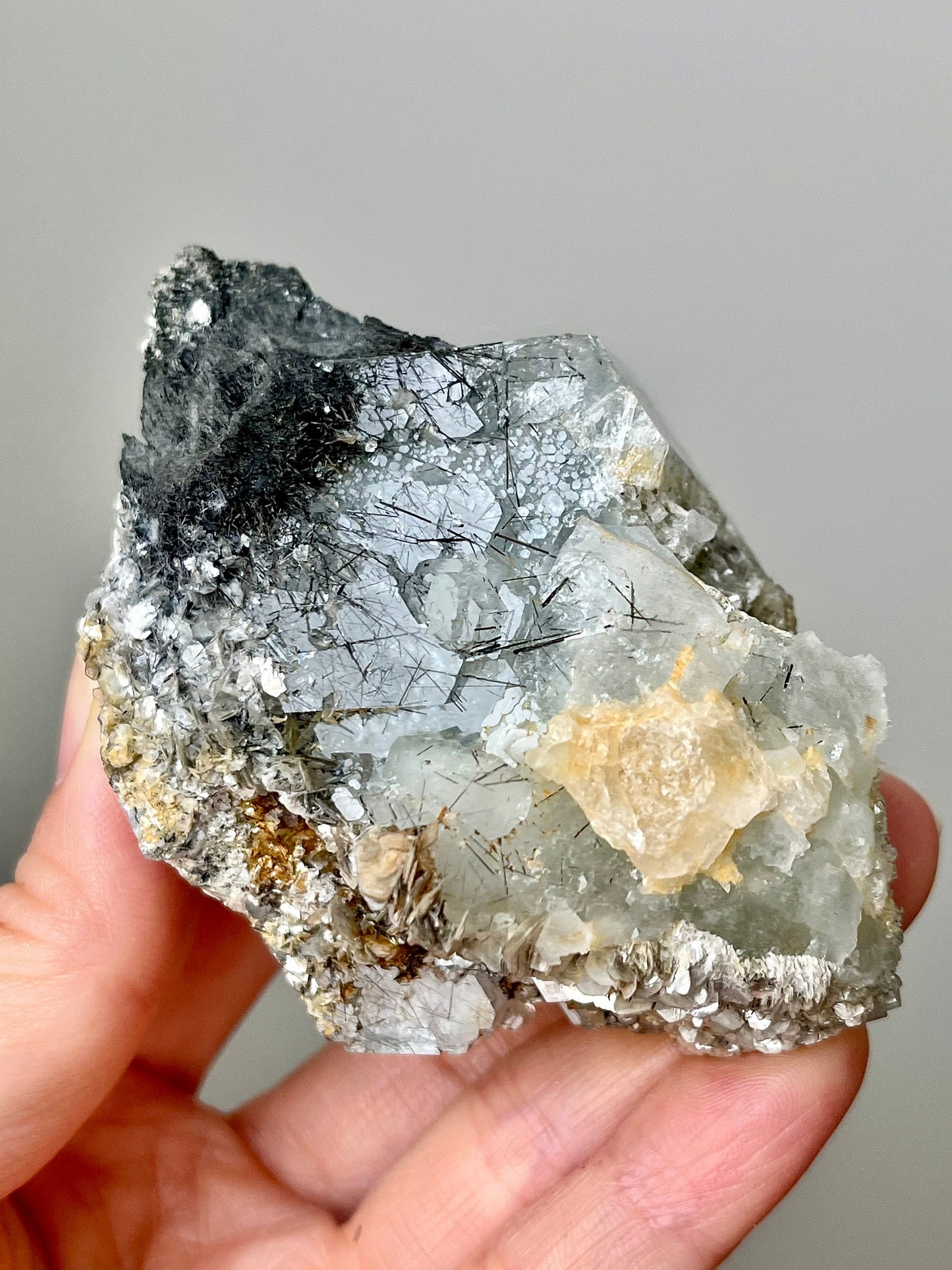 Aquamarine with Tourmaline & Iron Inclusions, Micas, Rainbows