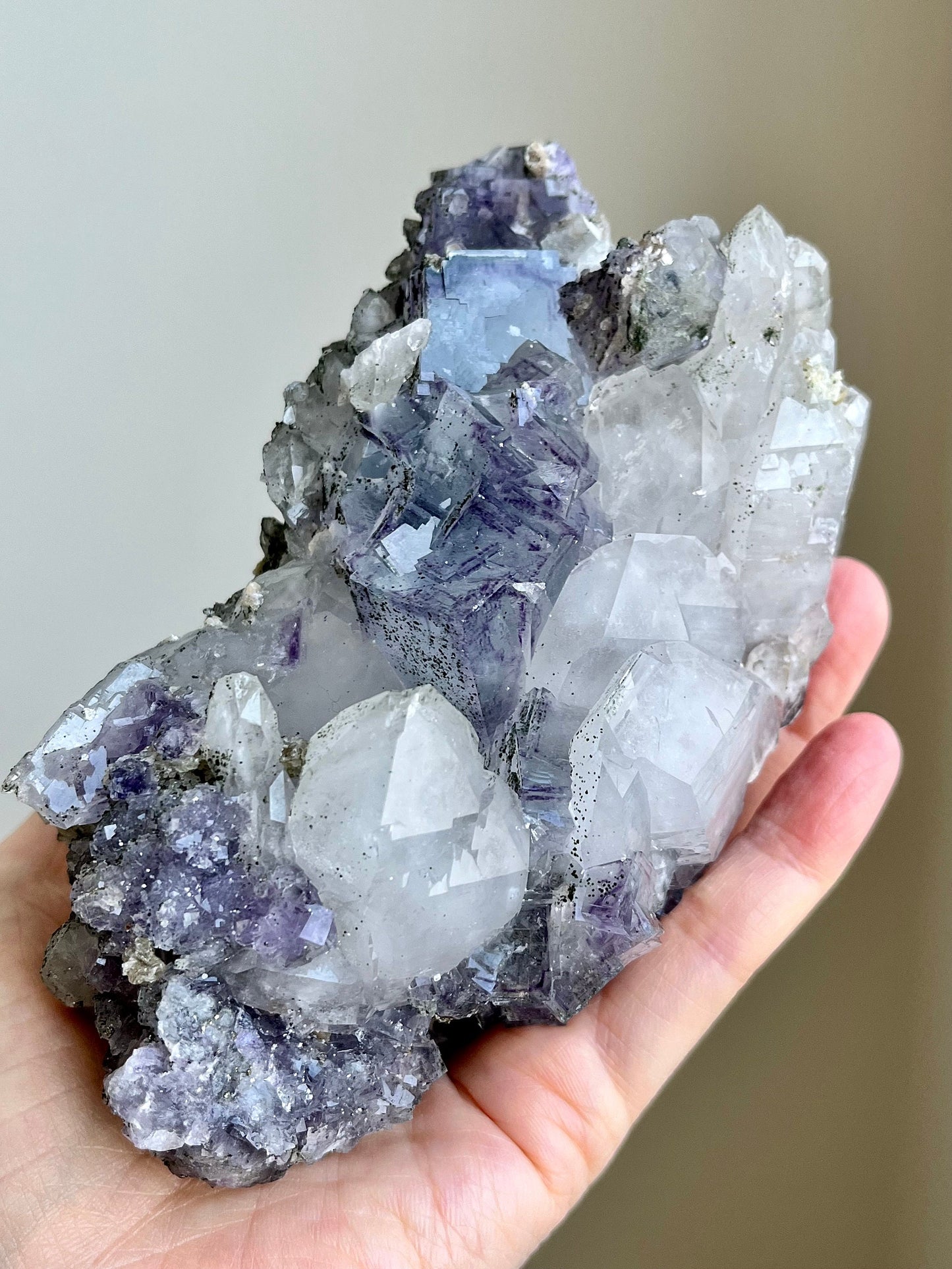 Quartz with Color-zoned Fluorite, Chlorite, Siderite & Pyrites
