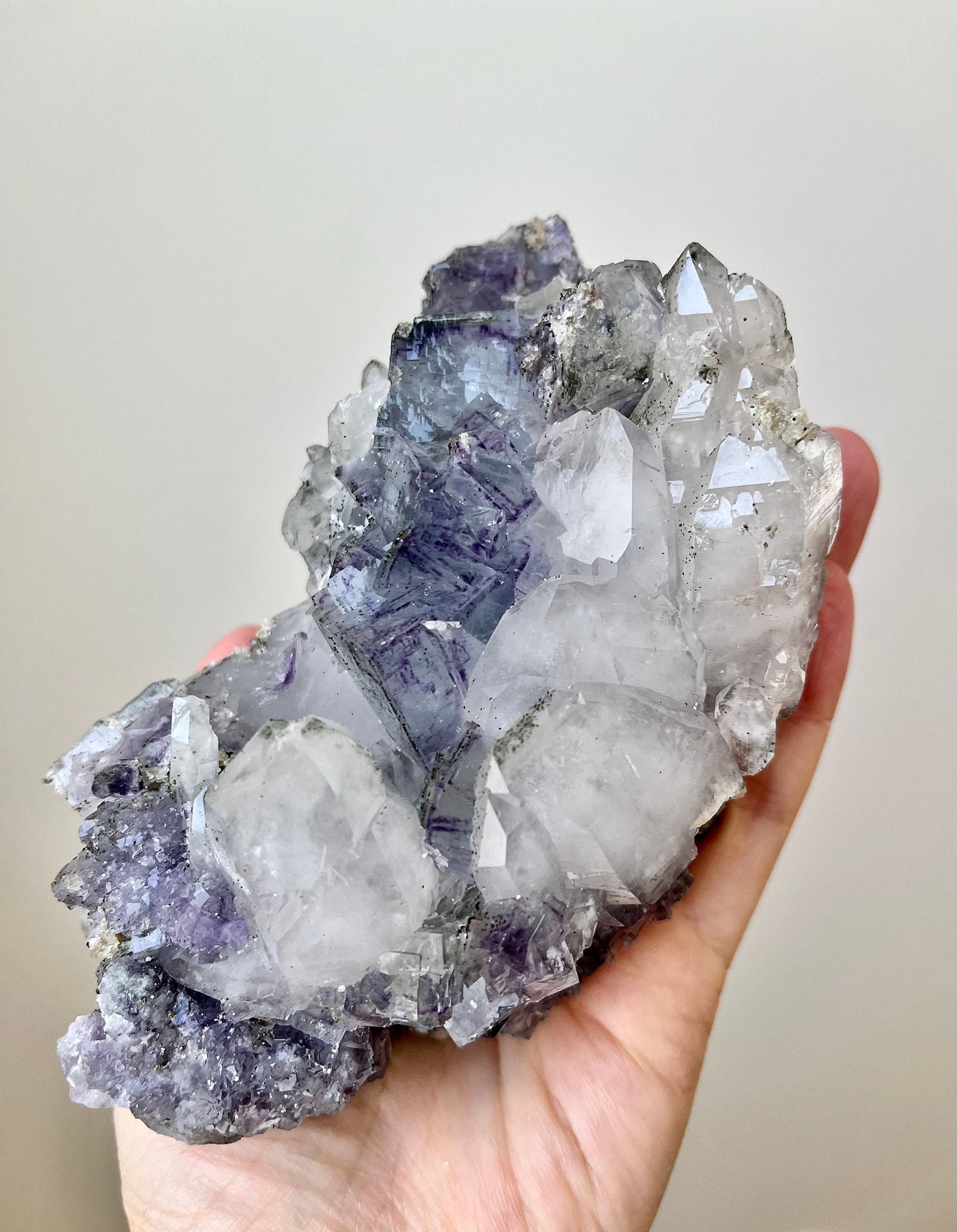 Quartz with Color-zoned Fluorite, Chlorite, Siderite & Pyrites