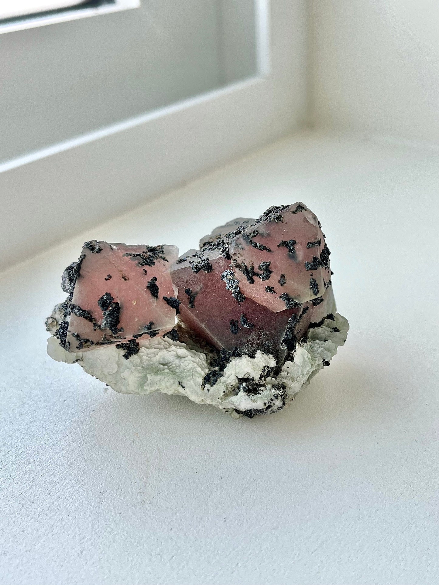 Druzy Pink Octahedral Fluorite Cluster with Marmatite & Calcite