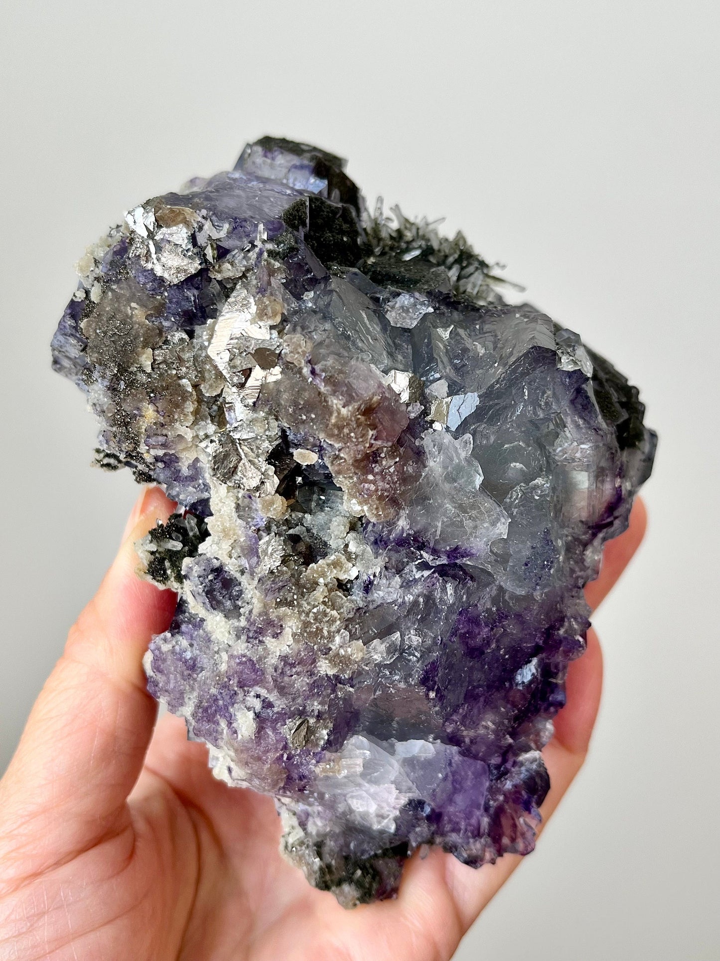 Glassy Fluorite with Colour Zonings, Chlorite, Pyrite, Quartz & Mica