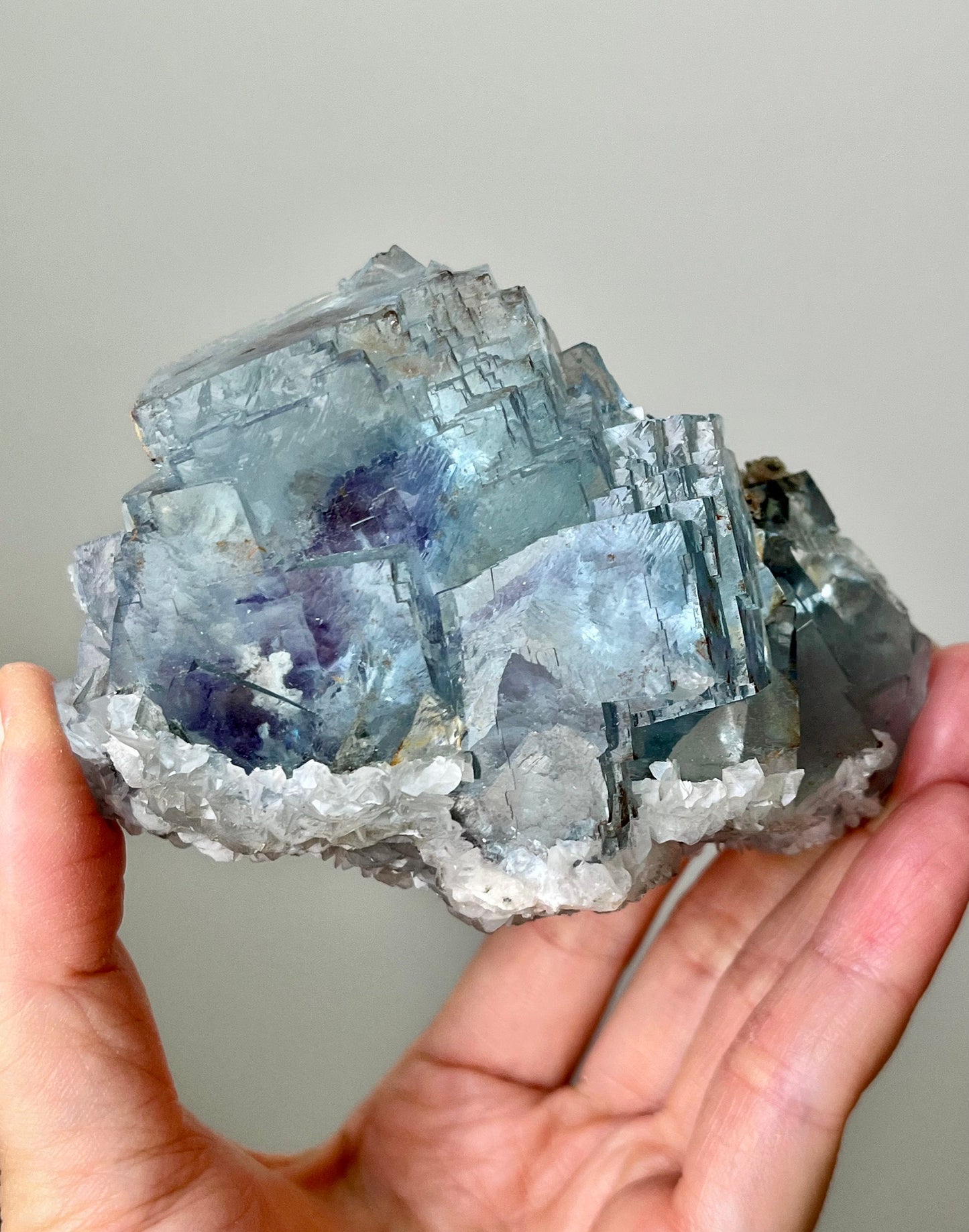 Blue Fluorite with Purple Zoning & Inclusions, Calcite, Micas, Pyrite, Rainbow Flash