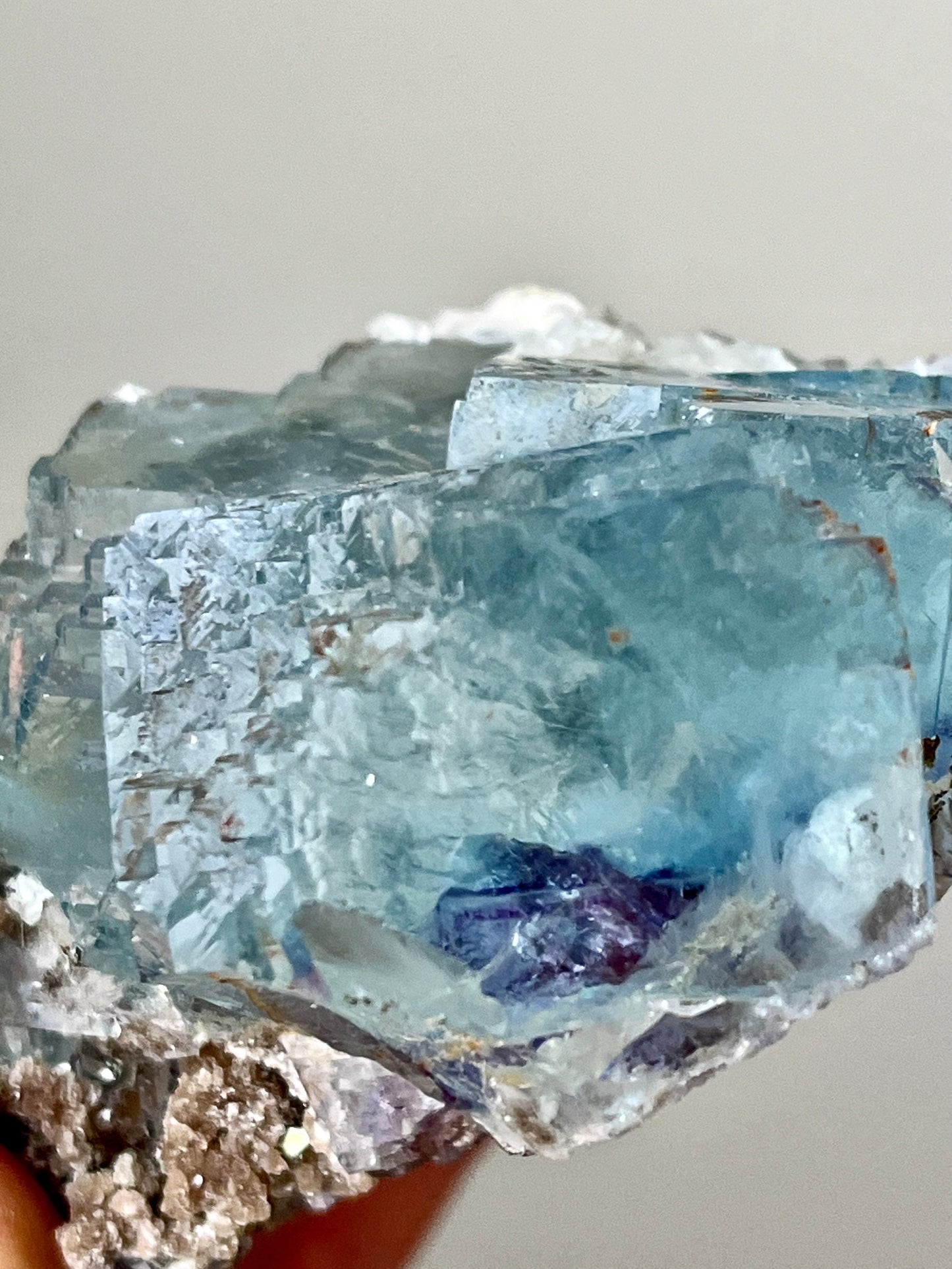 Blue Fluorite with Purple Zoning & Inclusions, Calcite, Micas, Pyrite, Rainbow Flash