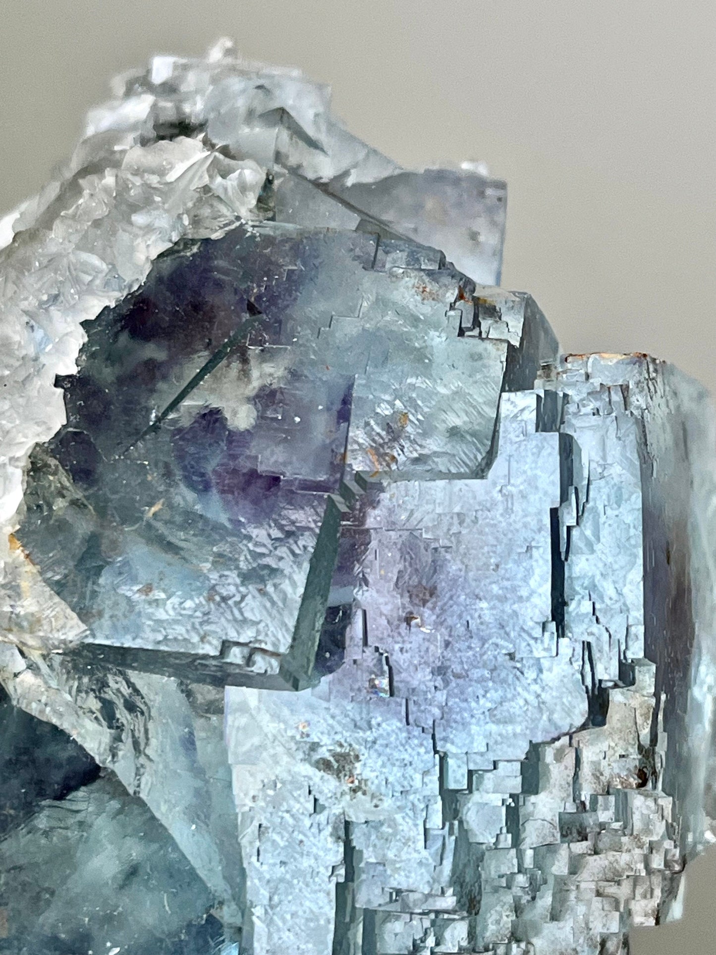 Blue Fluorite with Purple Zoning & Inclusions, Calcite, Micas, Pyrite, Rainbow Flash