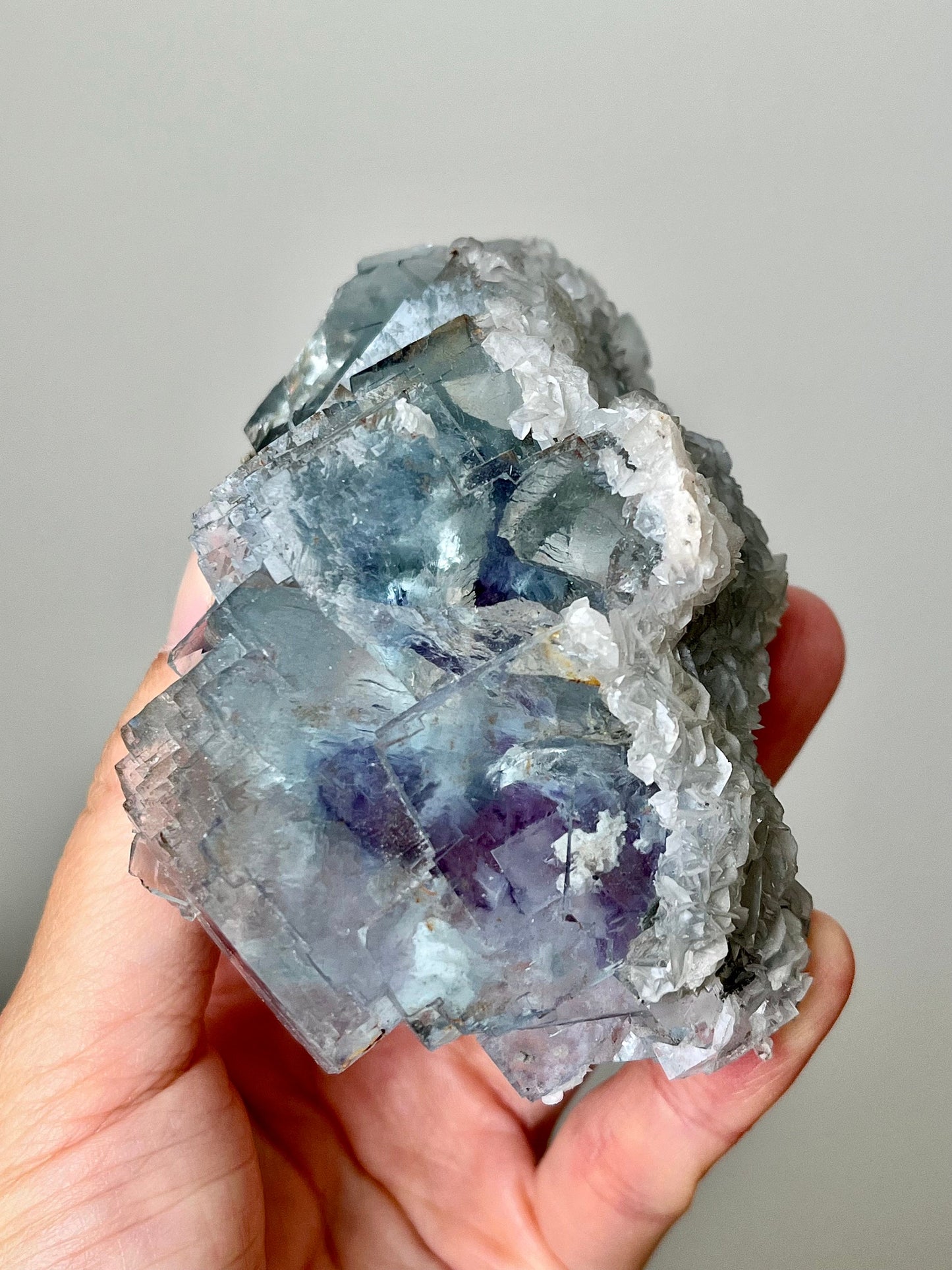 Blue Fluorite with Purple Zoning & Inclusions, Calcite, Micas, Pyrite, Rainbow Flash