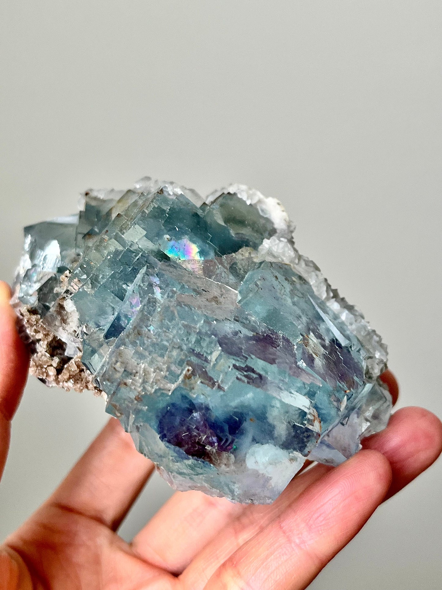 Blue Fluorite with Purple Zoning & Inclusions, Calcite, Micas, Pyrite, Rainbow Flash