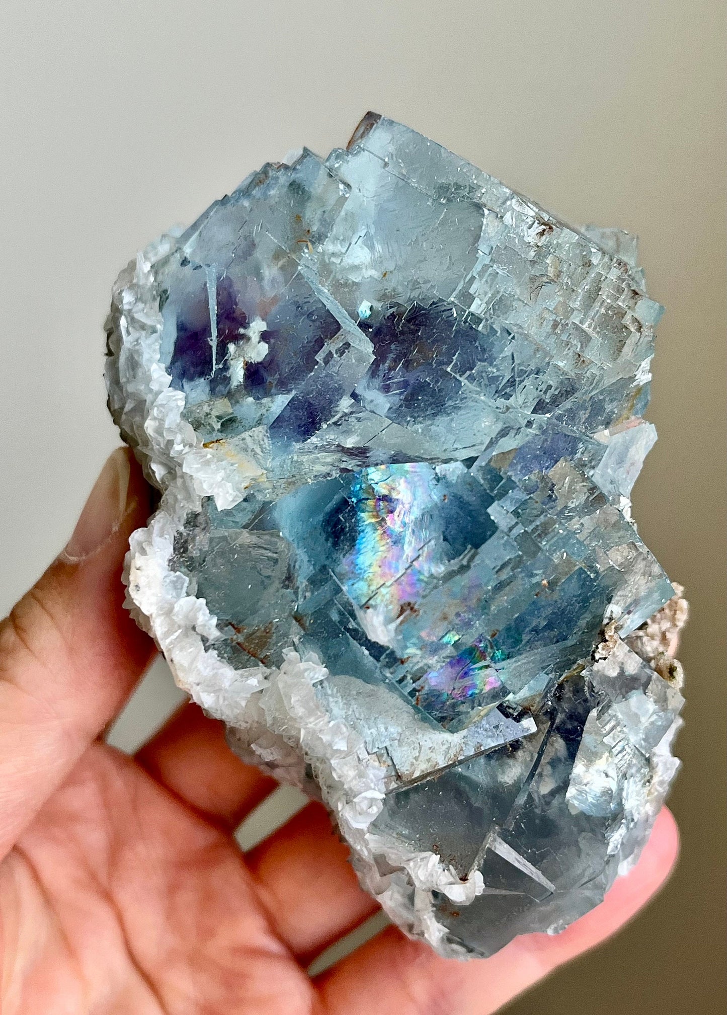 Blue Fluorite with Purple Zoning & Inclusions, Calcite, Micas, Pyrite, Rainbow Flash
