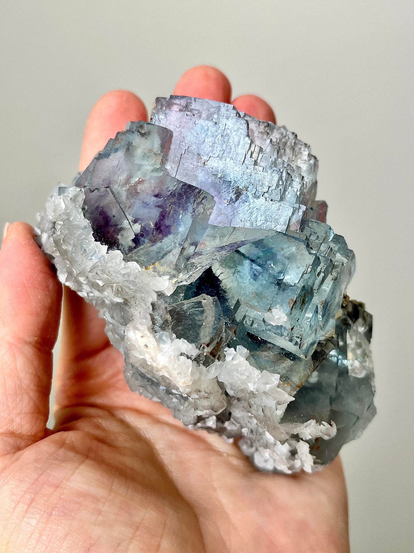 Blue Fluorite with Purple Zoning & Inclusions, Calcite, Micas, Pyrite, Rainbow Flash