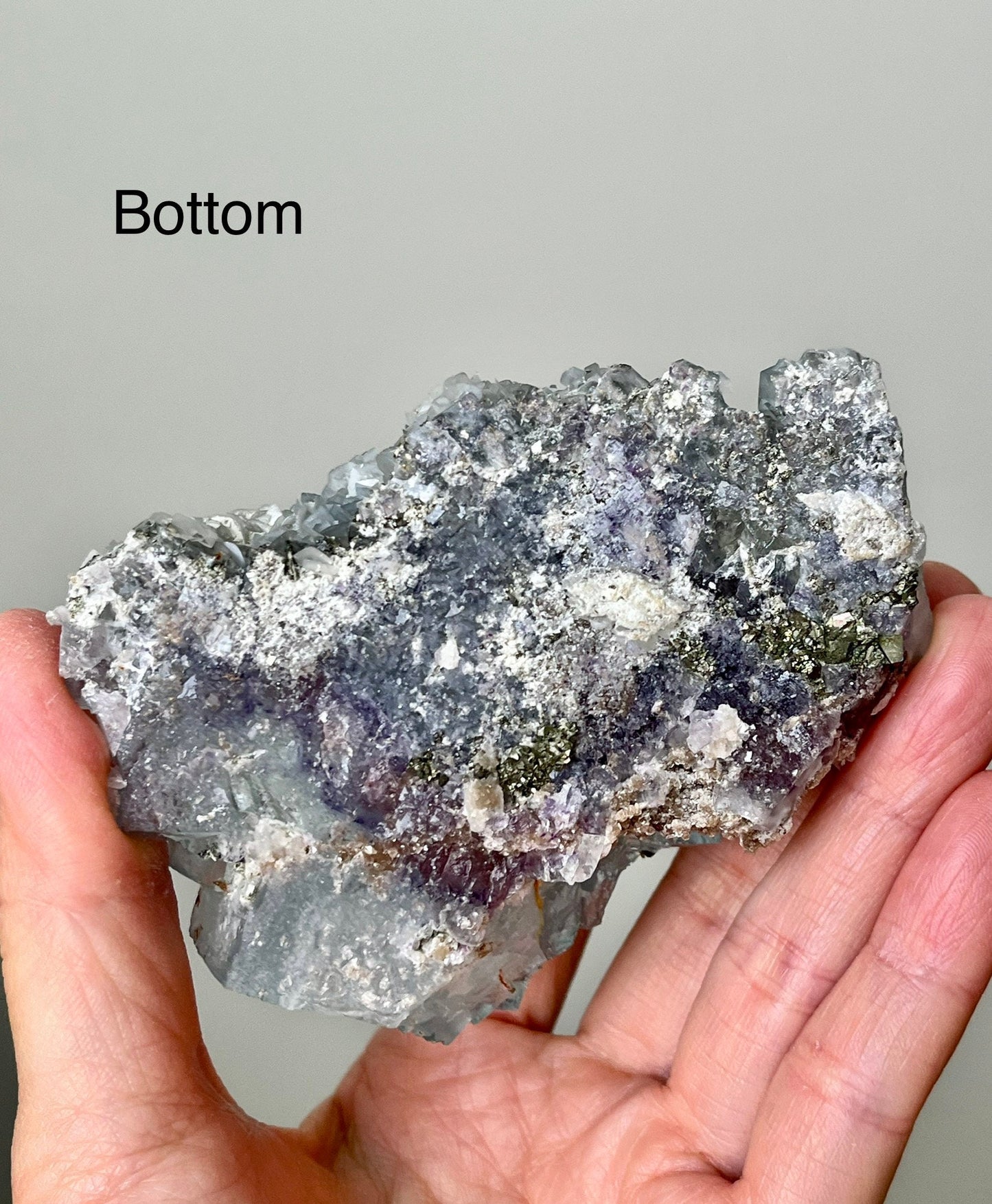 Blue Fluorite with Purple Zoning & Inclusions, Calcite, Micas, Pyrite, Rainbow Flash