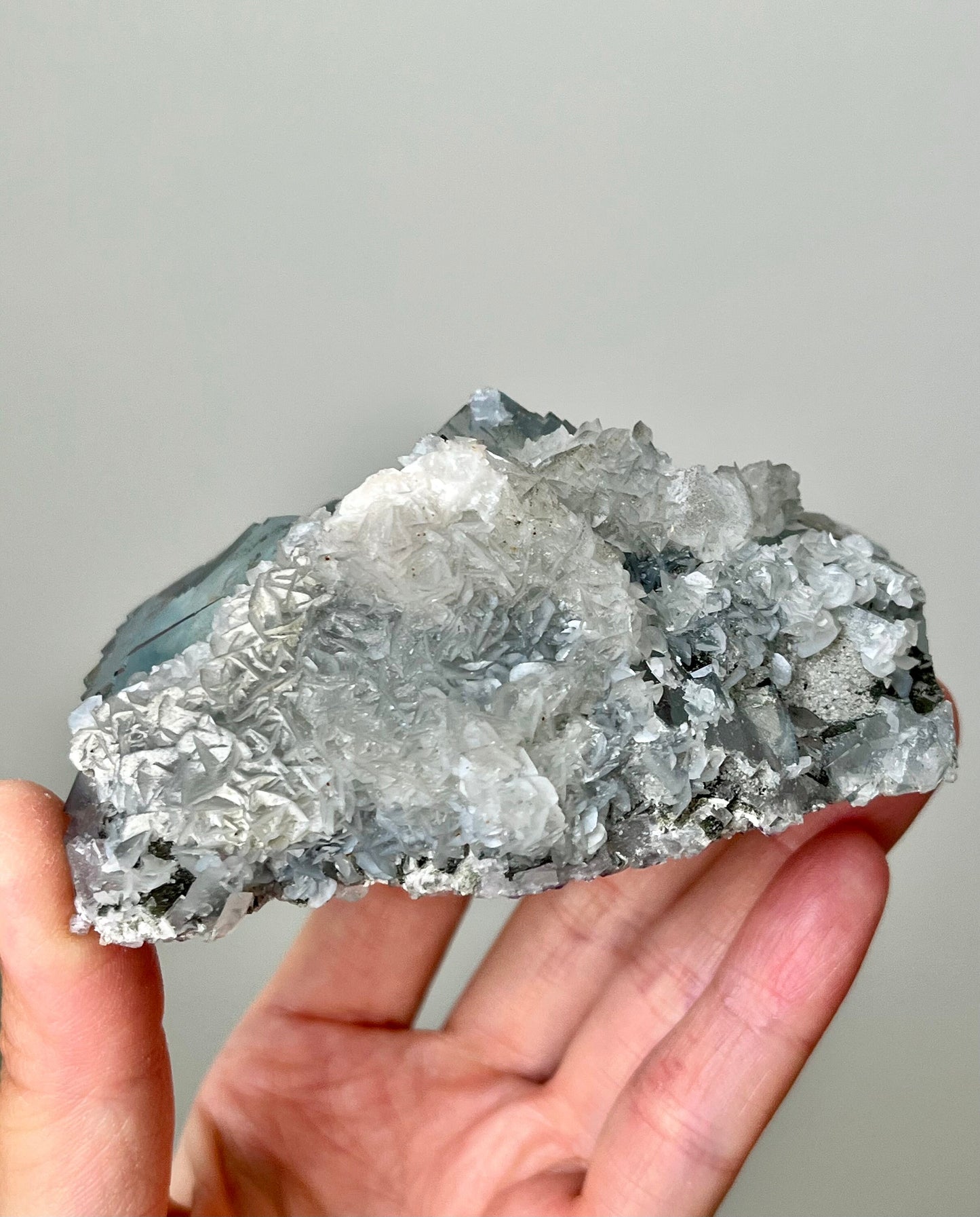 Blue Fluorite with Purple Zoning & Inclusions, Calcite, Micas, Pyrite, Rainbow Flash