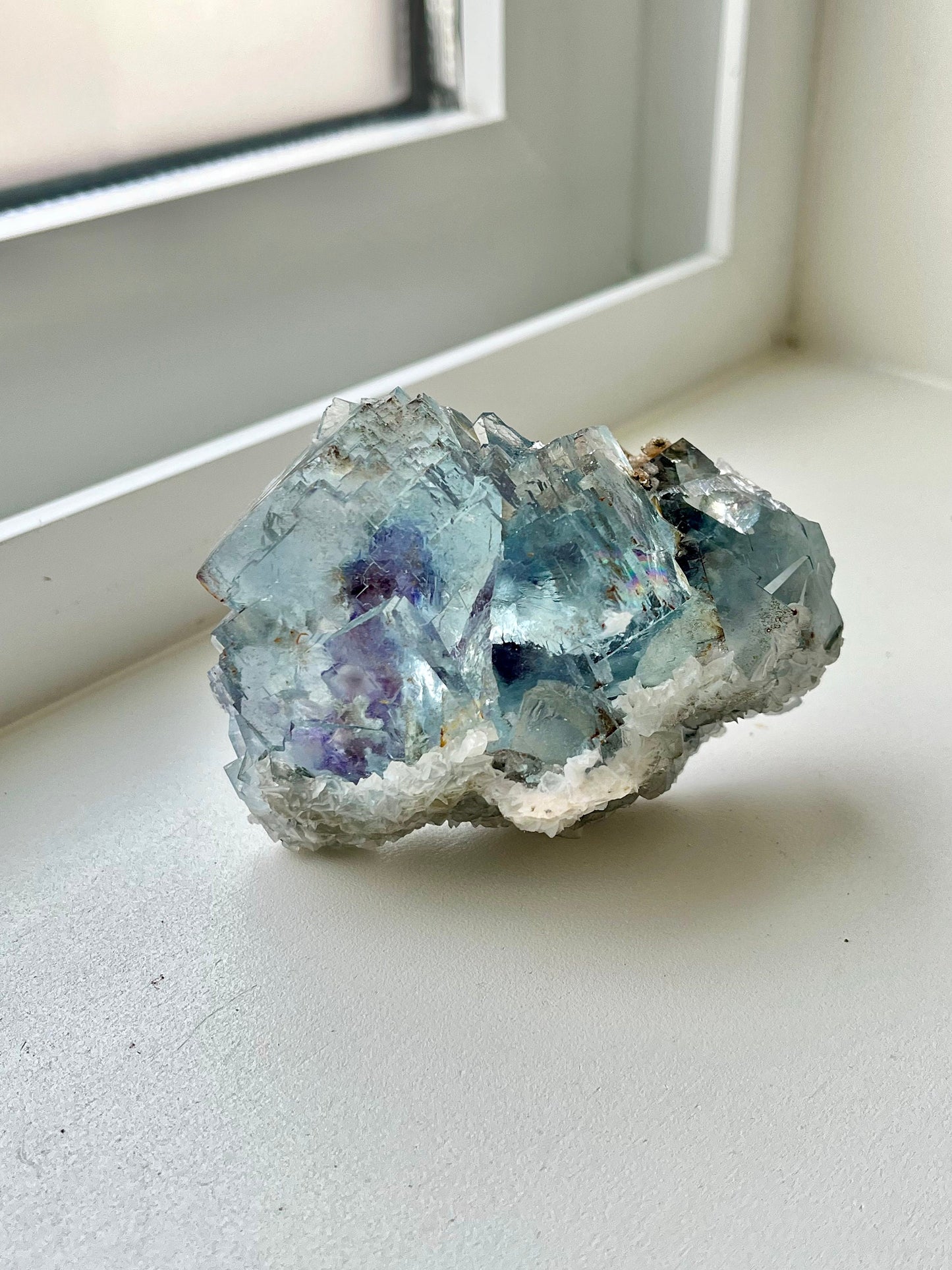Blue Fluorite with Purple Zoning & Inclusions, Calcite, Micas, Pyrite, Rainbow Flash