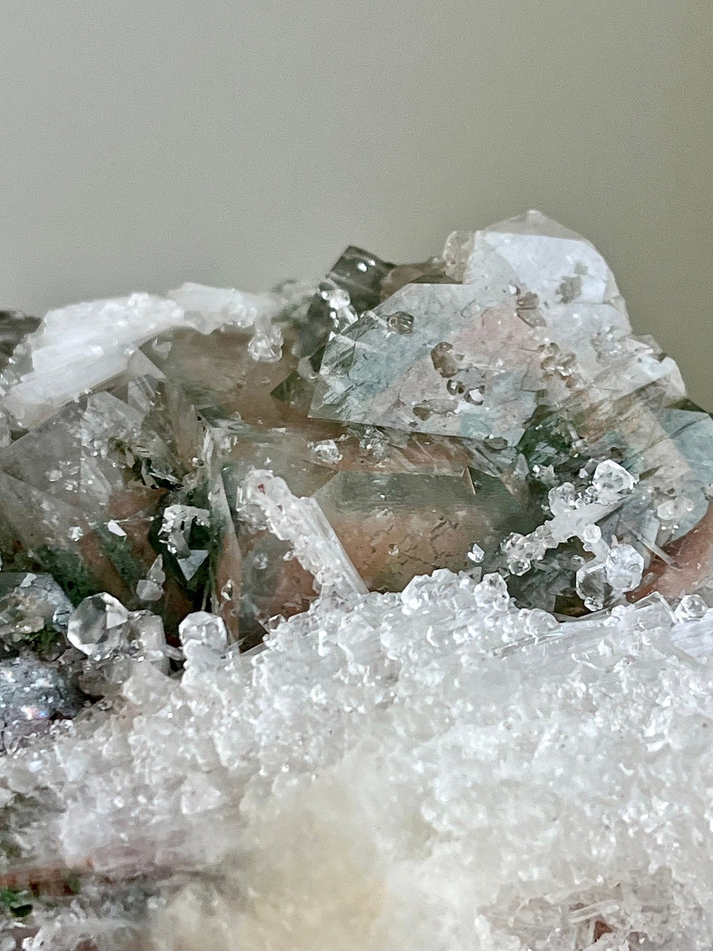 Red Apophyllite Cluster with Sugar Coating Scolecite - Hematite & Chlorite Inclusions