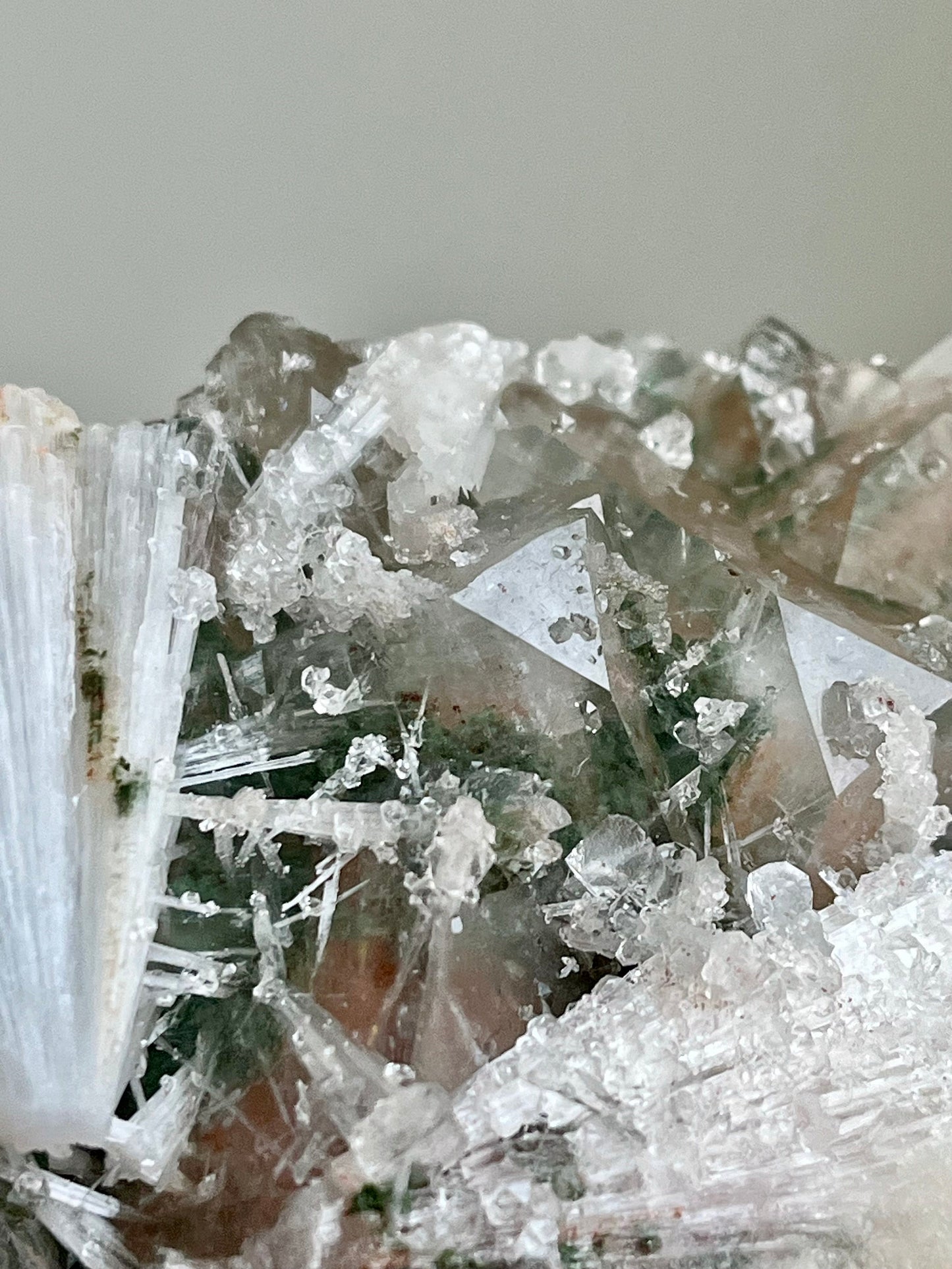 Red Apophyllite Cluster with Sugar Coating Scolecite - Hematite & Chlorite Inclusions