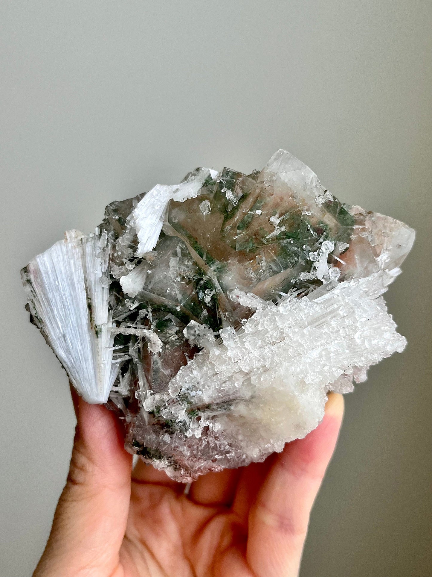 Red Apophyllite Cluster with Sugar Coating Scolecite - Hematite & Chlorite Inclusions