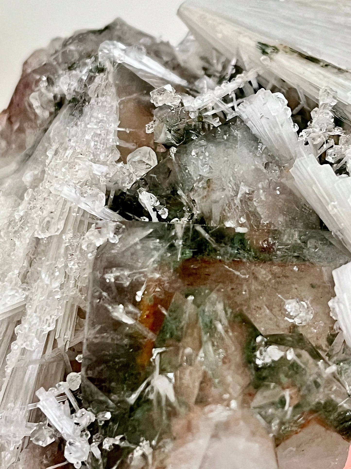 Red Apophyllite Cluster with Sugar Coating Scolecite - Hematite & Chlorite Inclusions