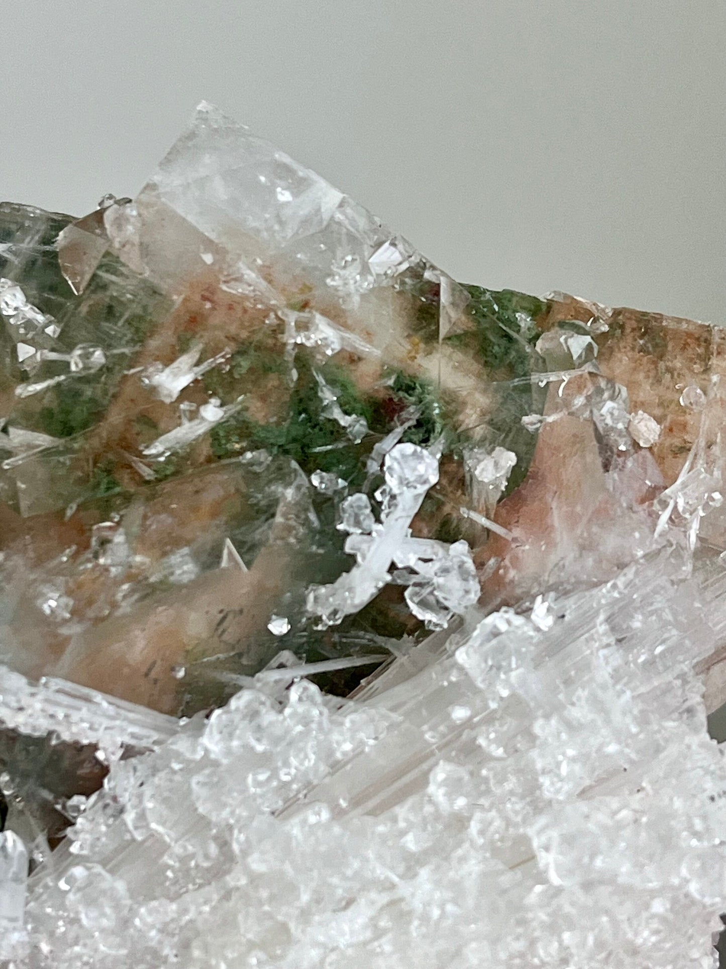 Red Apophyllite Cluster with Sugar Coating Scolecite - Hematite & Chlorite Inclusions