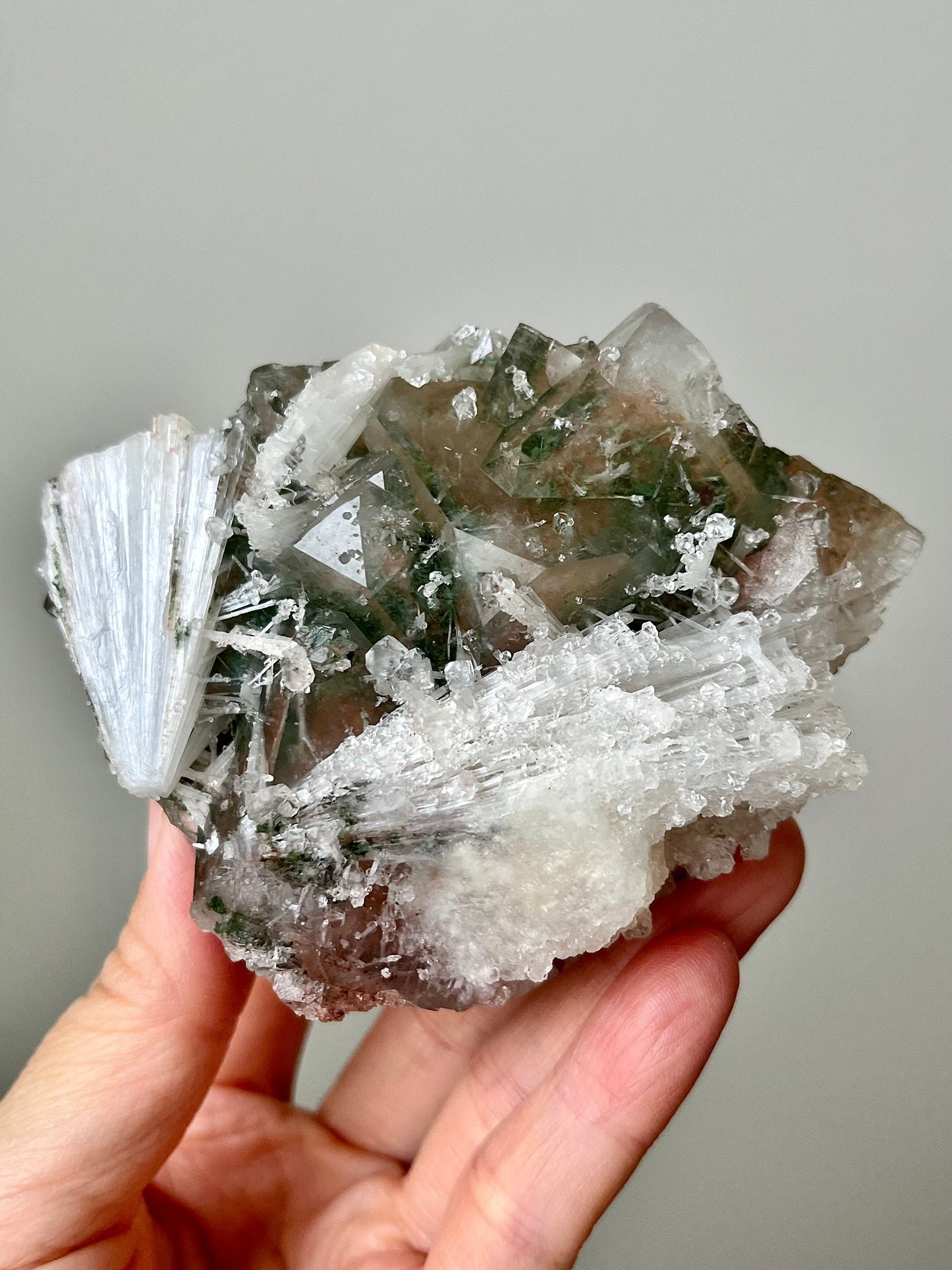 Red Apophyllite Cluster with Sugar Coating Scolecite - Hematite & Chlorite Inclusions