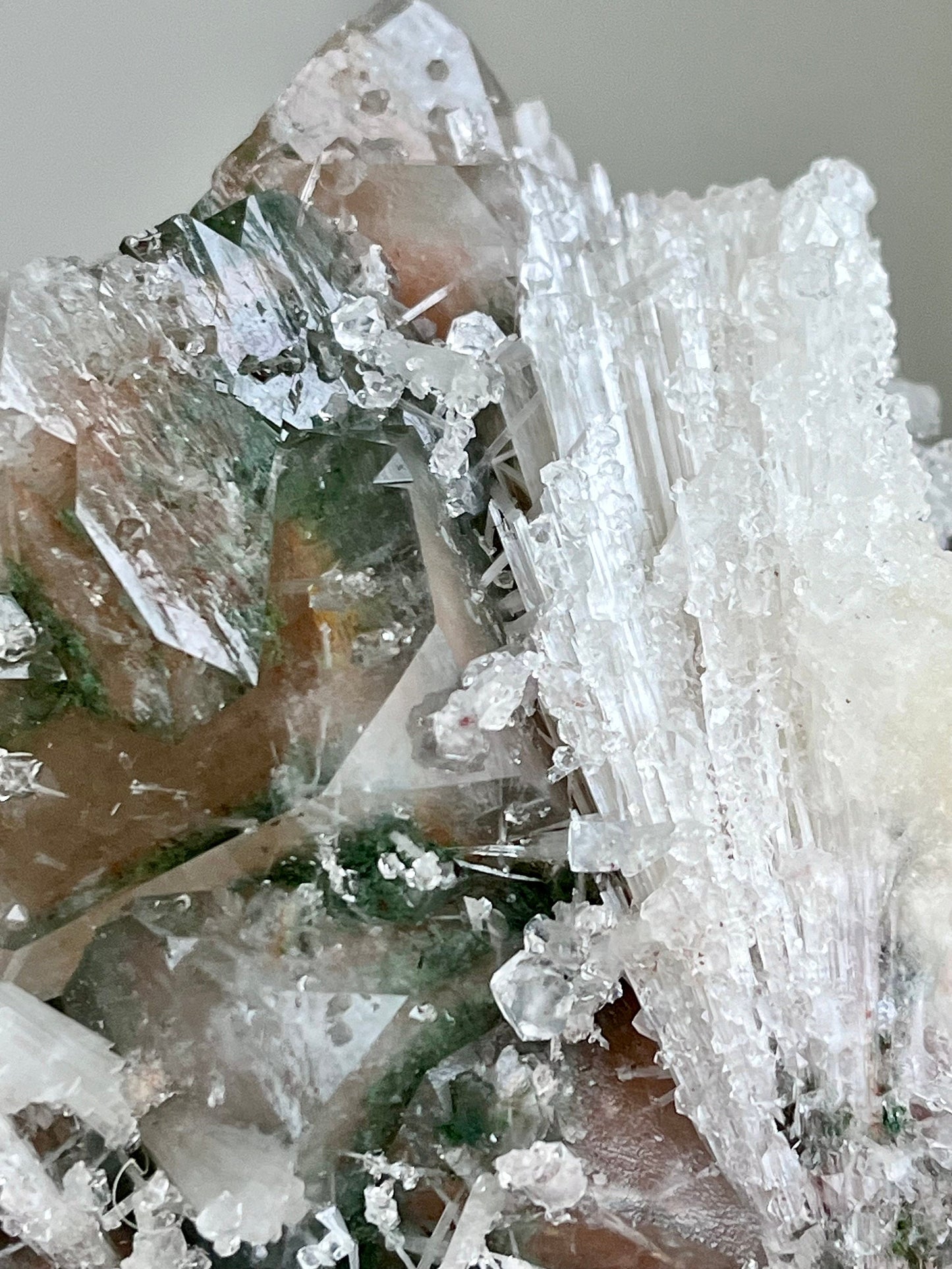 Red Apophyllite Cluster with Sugar Coating Scolecite - Hematite & Chlorite Inclusions