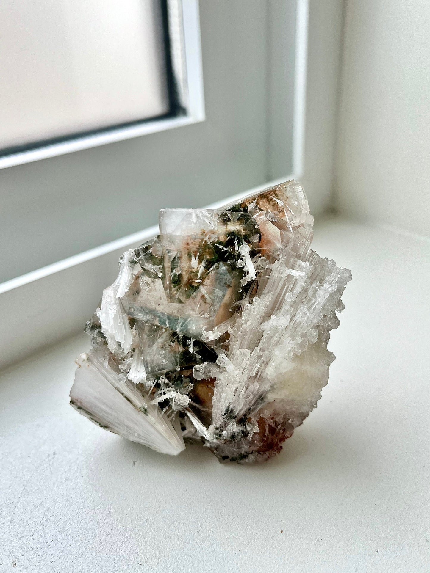 Red Apophyllite Cluster with Sugar Coating Scolecite - Hematite & Chlorite Inclusions