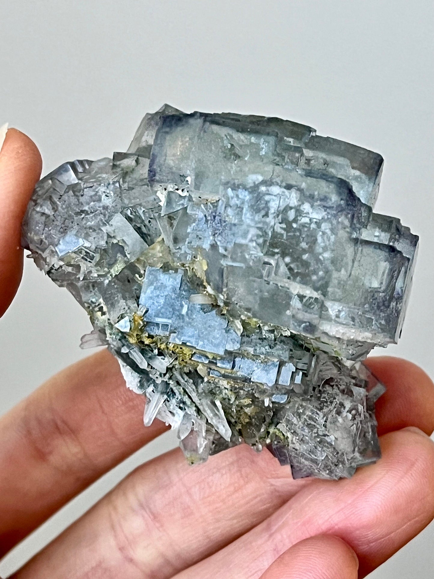Glassy Fluorite with Phosphorescent inclusions, Calcite, & Quartz