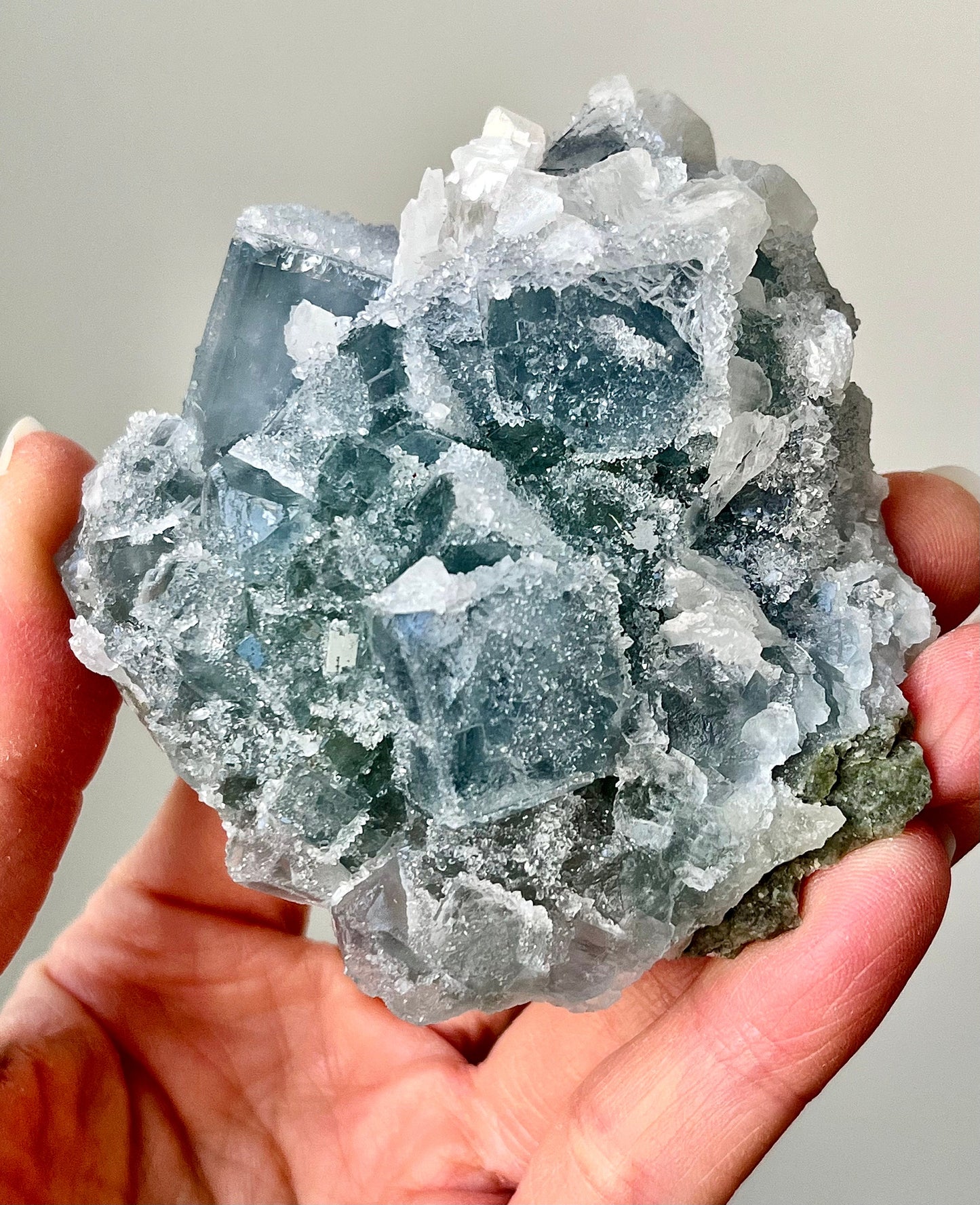 Druzy Teal-green Sugar Fluorite with Calcite