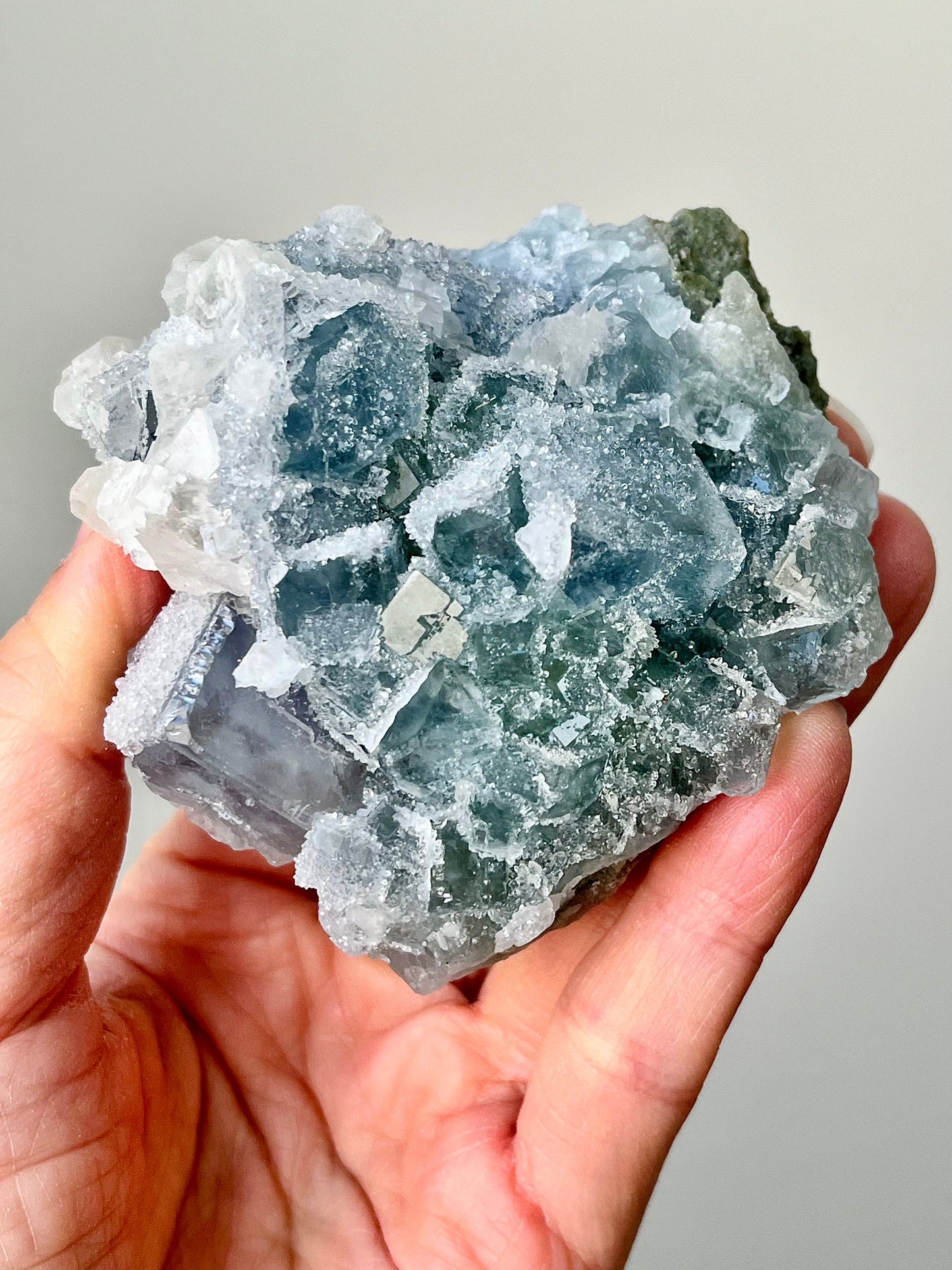 Druzy Teal-green Sugar Fluorite with Calcite