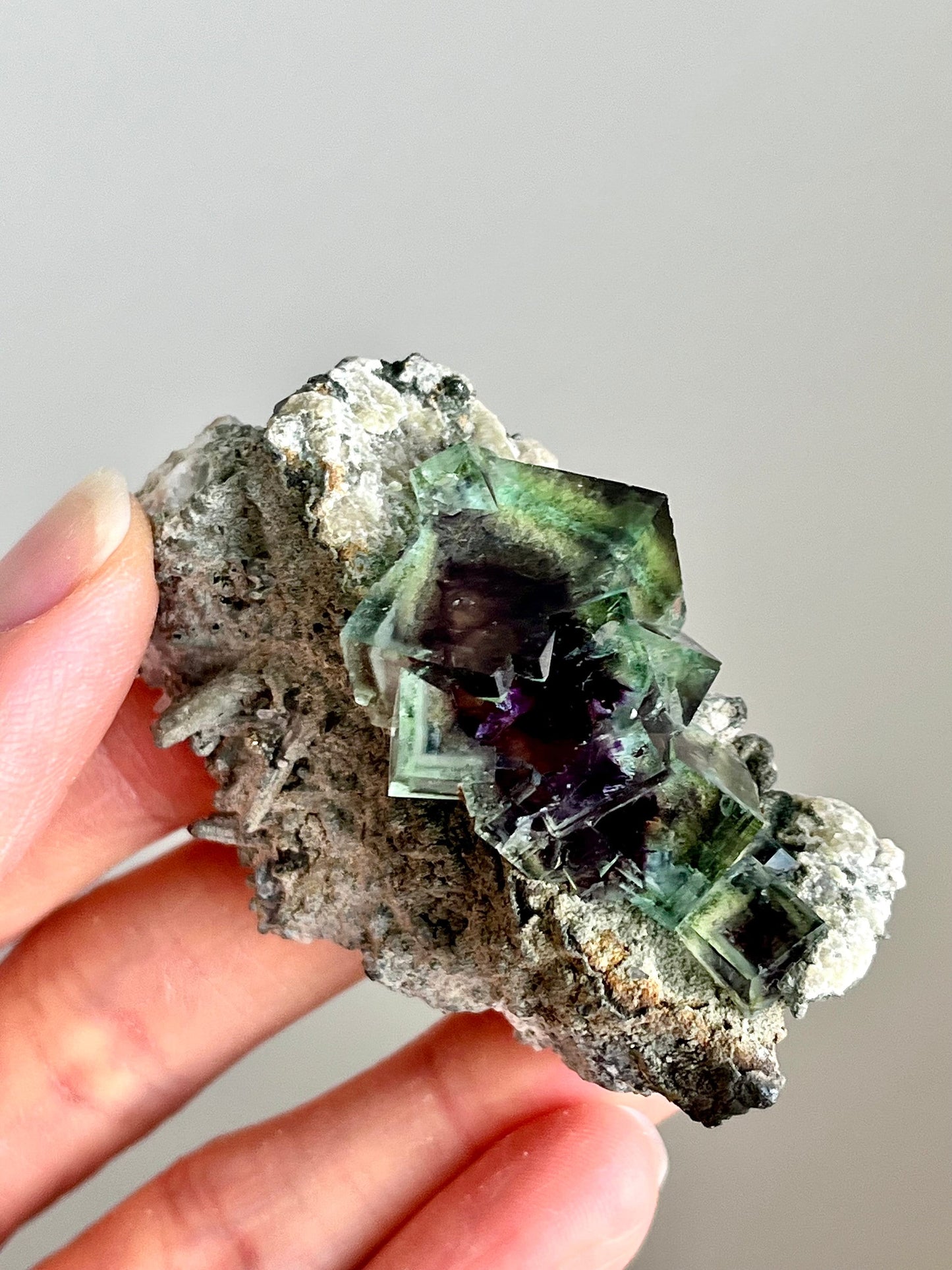Colour-zoned Fluorite with Quartz on matrix