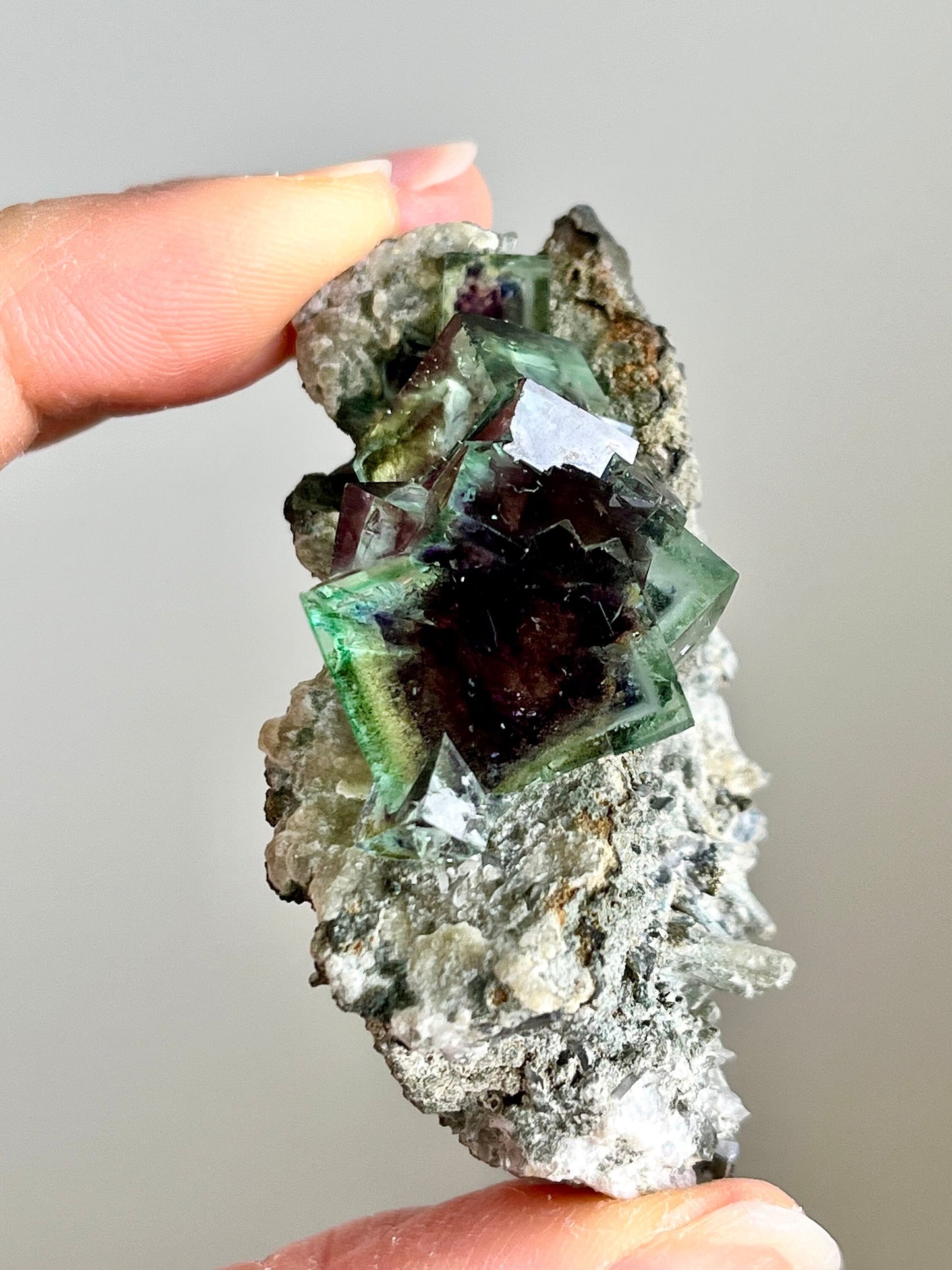 Colour-zoned Fluorite with Quartz on matrix