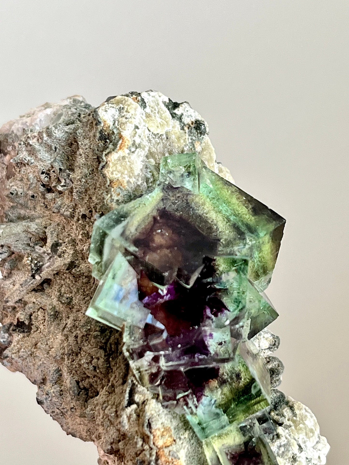 Colour-zoned Fluorite with Quartz on matrix