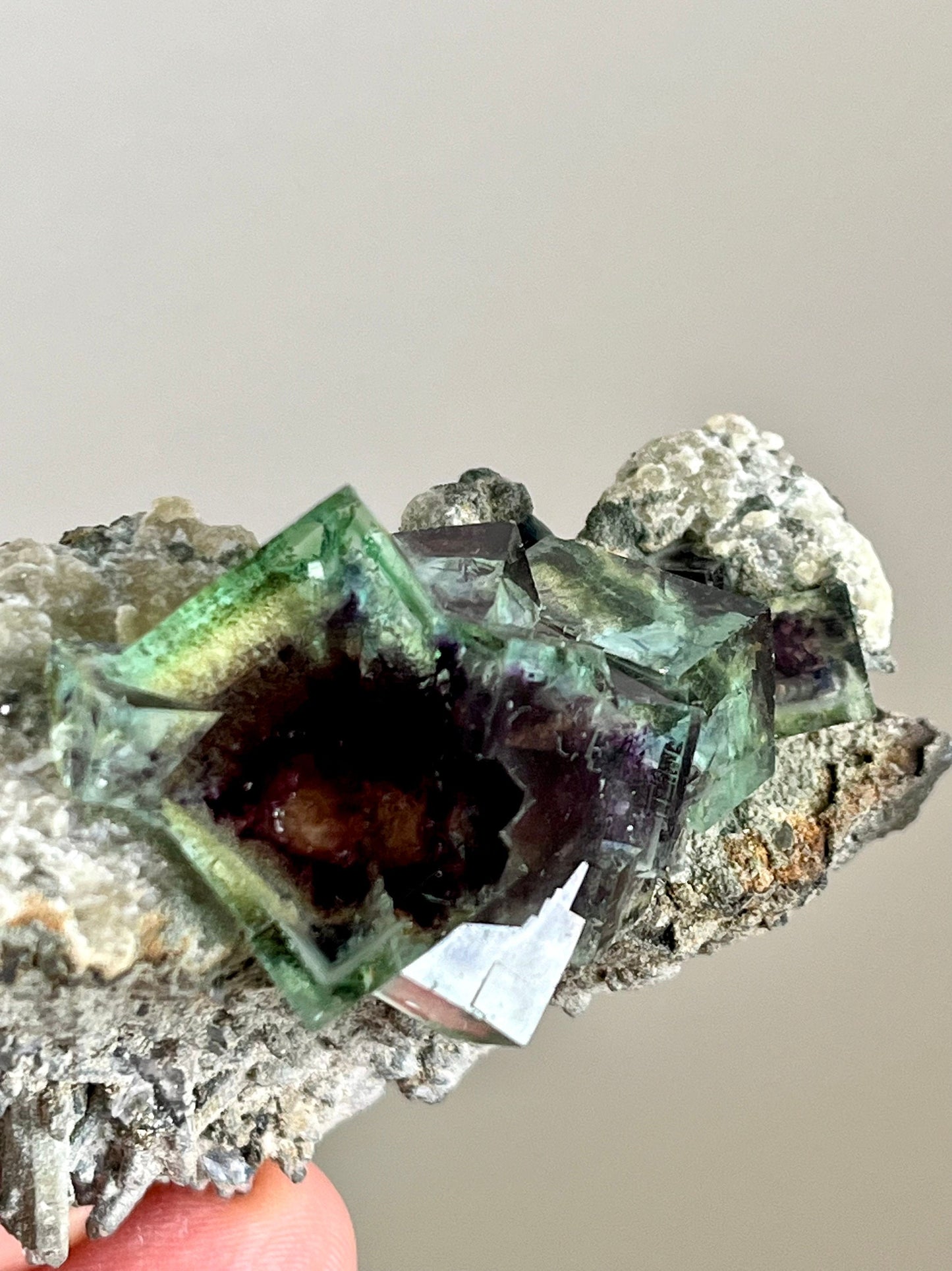 Colour-zoned Fluorite with Quartz on matrix