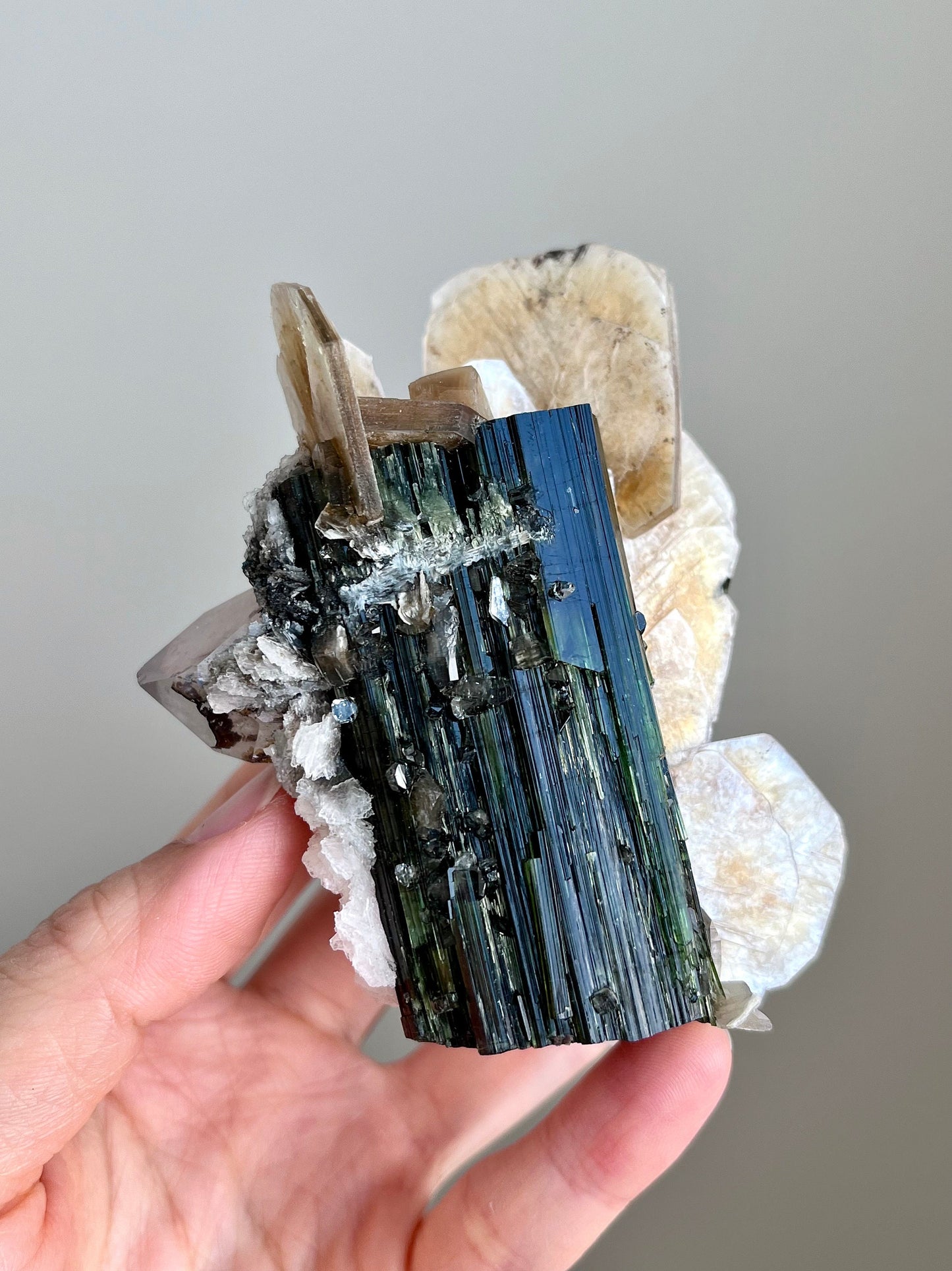 Green Tourmaline with Albite Flowers, Druzy DT Quartz and Muscovite