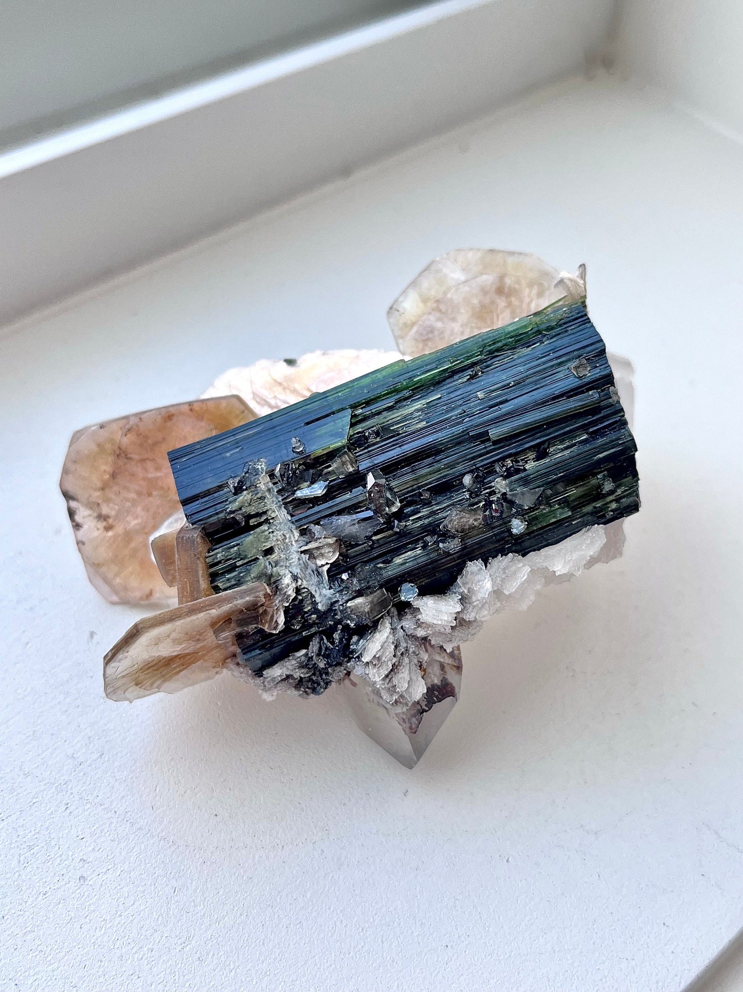 Green Tourmaline with Albite Flowers, Druzy DT Quartz and Muscovite