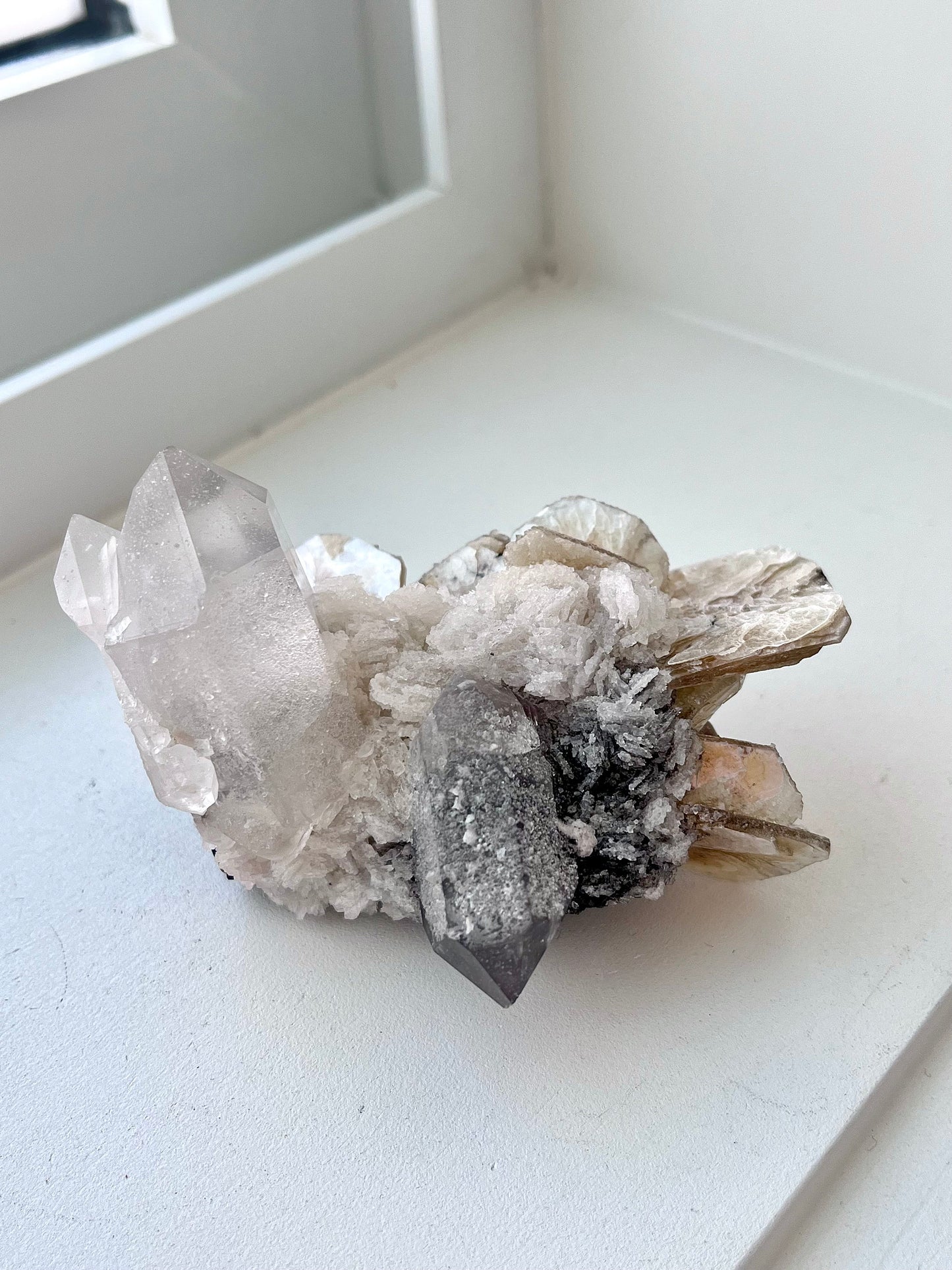 Green Tourmaline with Albite Flowers, Druzy DT Quartz and Muscovite