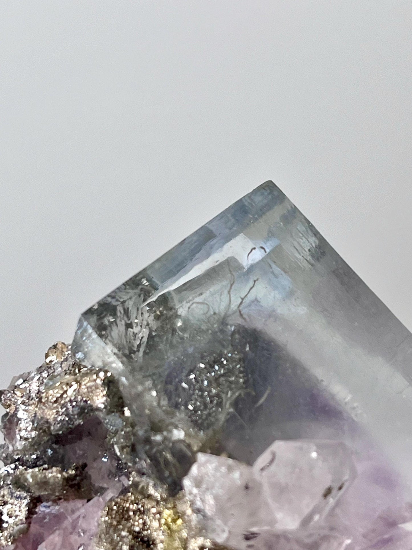 Fluorite with Phantom, and inclusions of Jamesonite, Pyrite, Arsenopyrite, Muscovite
