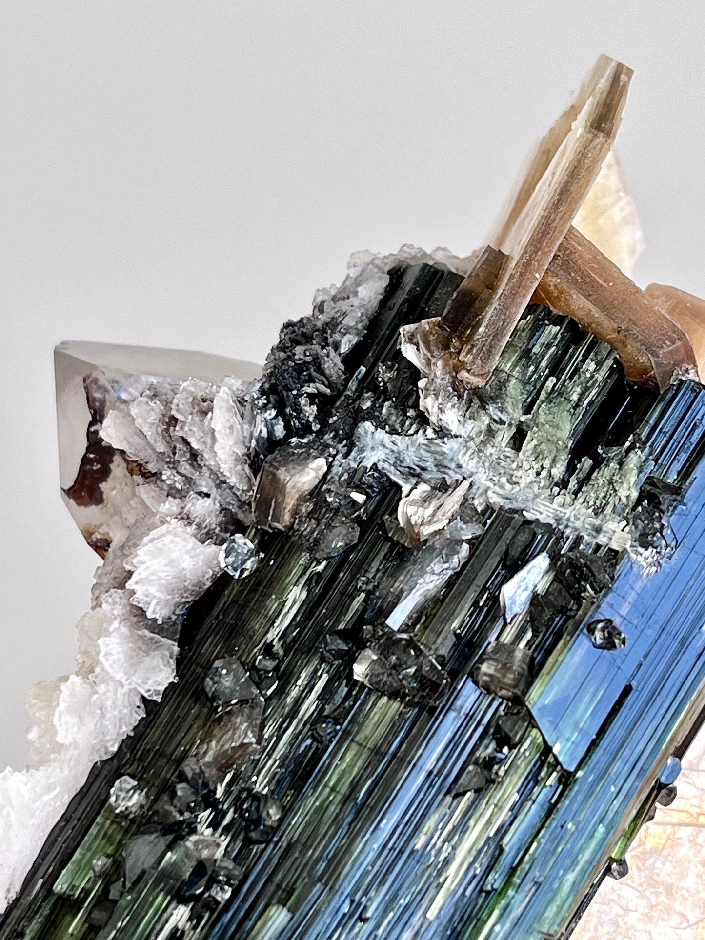 Green Tourmaline with Albite Flowers, Druzy DT Quartz and Muscovite