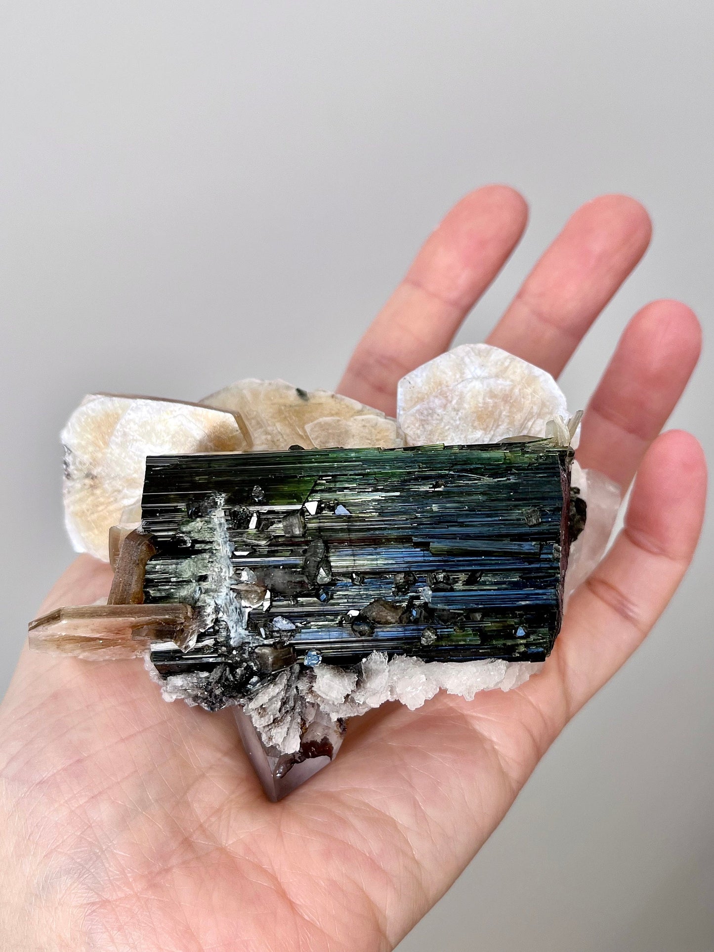 Green Tourmaline with Albite Flowers, Druzy DT Quartz and Muscovite