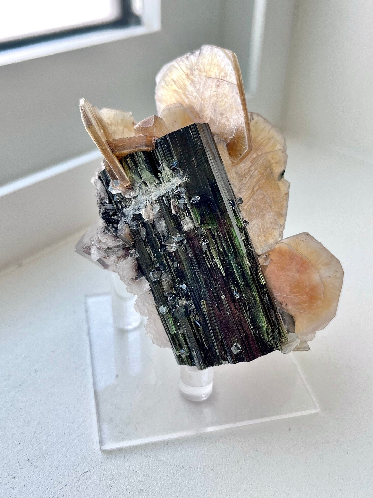 Green Tourmaline with Albite Flowers, Druzy DT Quartz and Muscovite