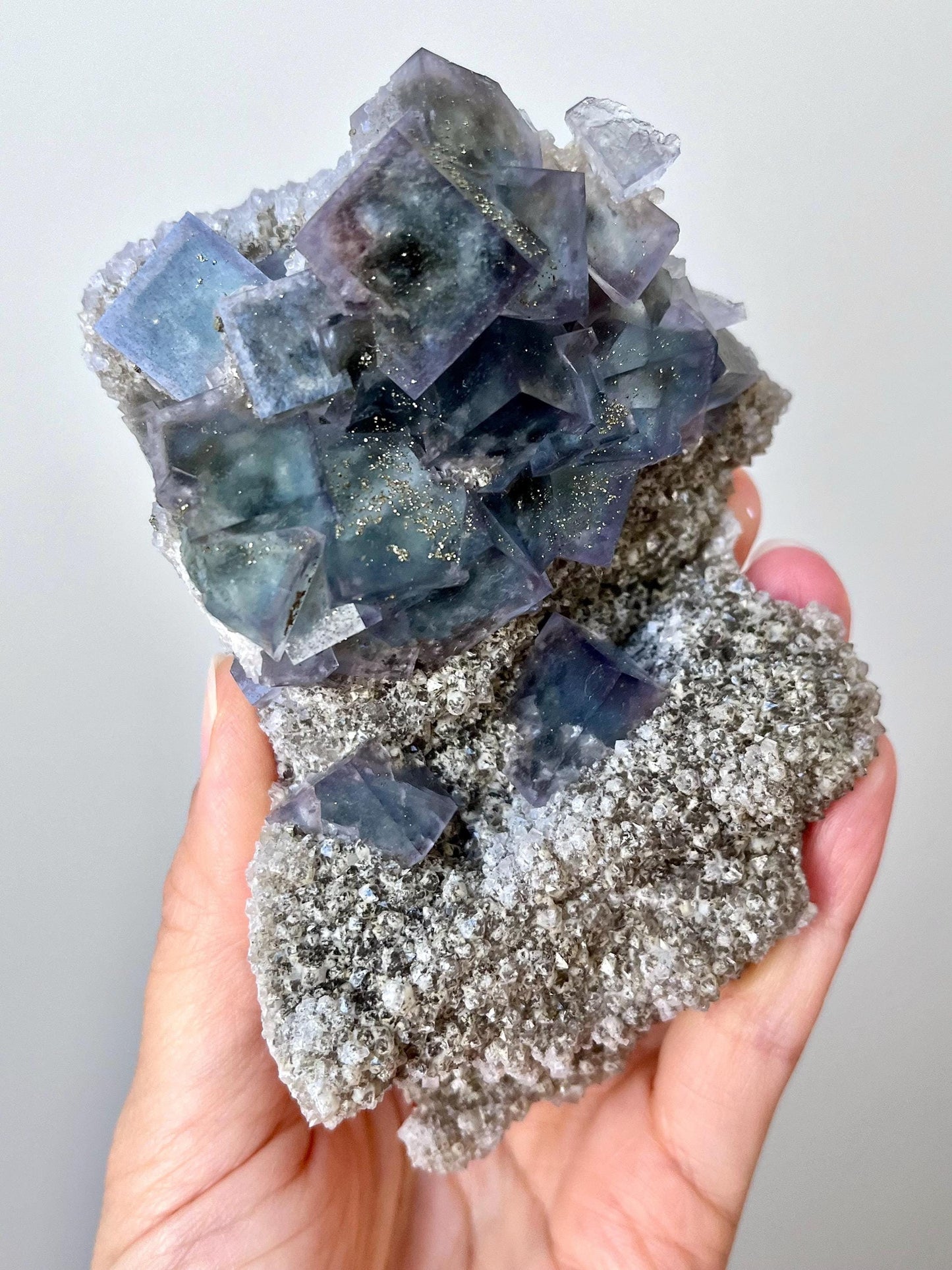 Multicolour Fluorite with Pyrite coatings