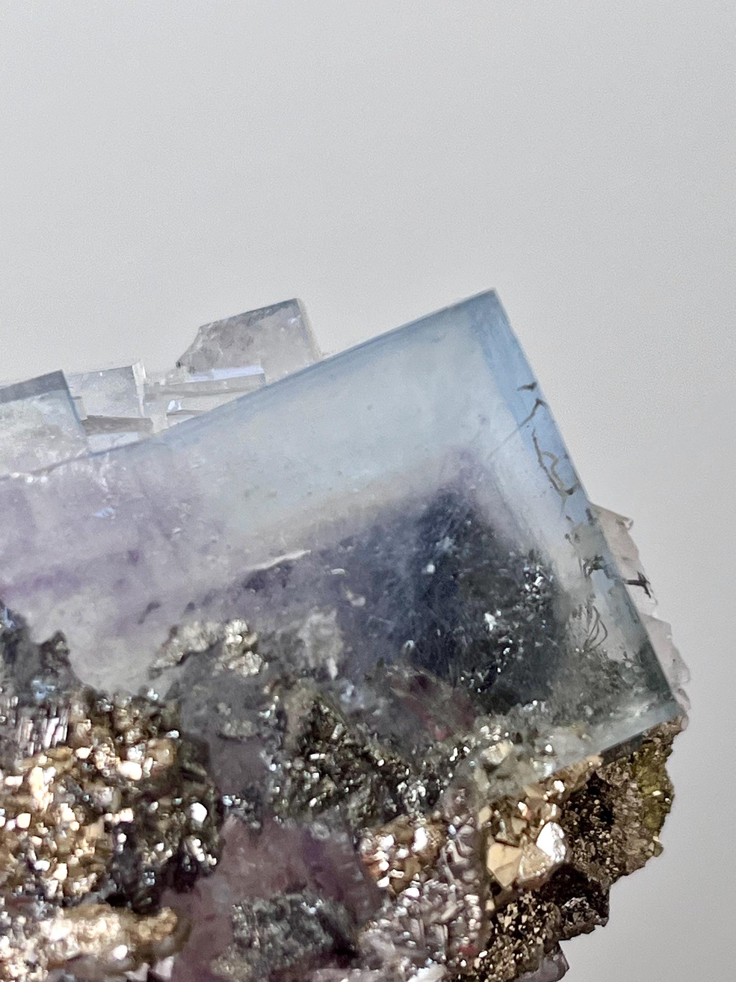 Fluorite with Phantom, and inclusions of Jamesonite, Pyrite, Arsenopyrite, Muscovite
